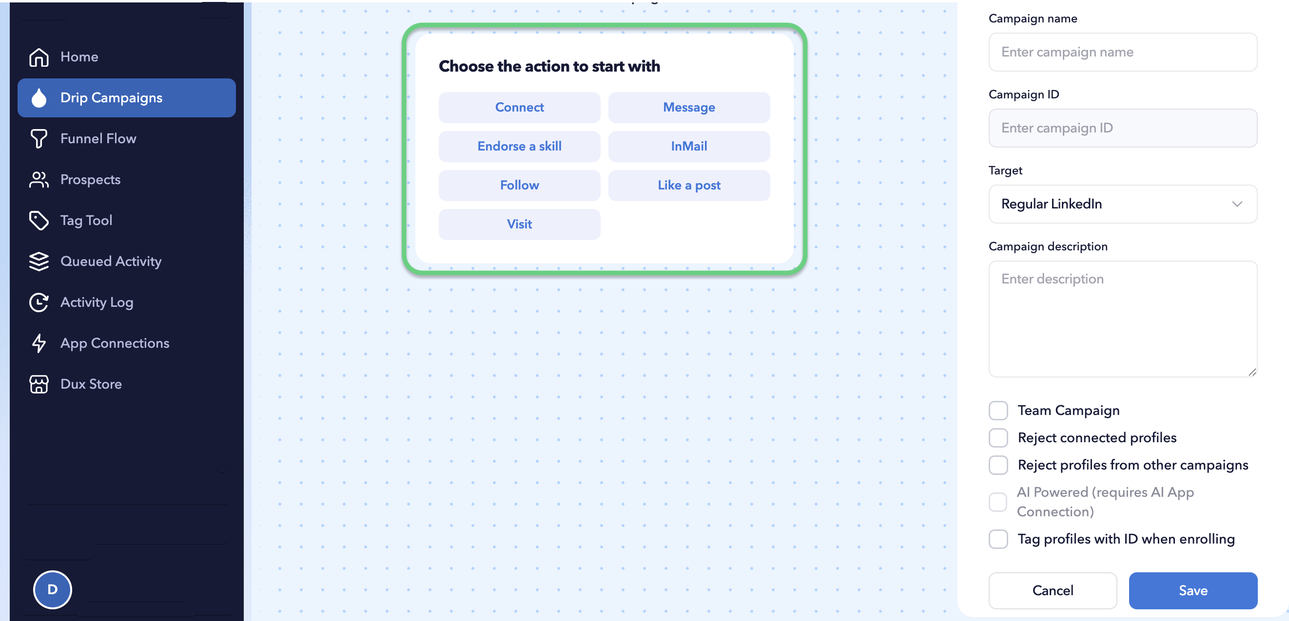 Campaign action selector displaying the LinkedIn automation actions available in STACKED.