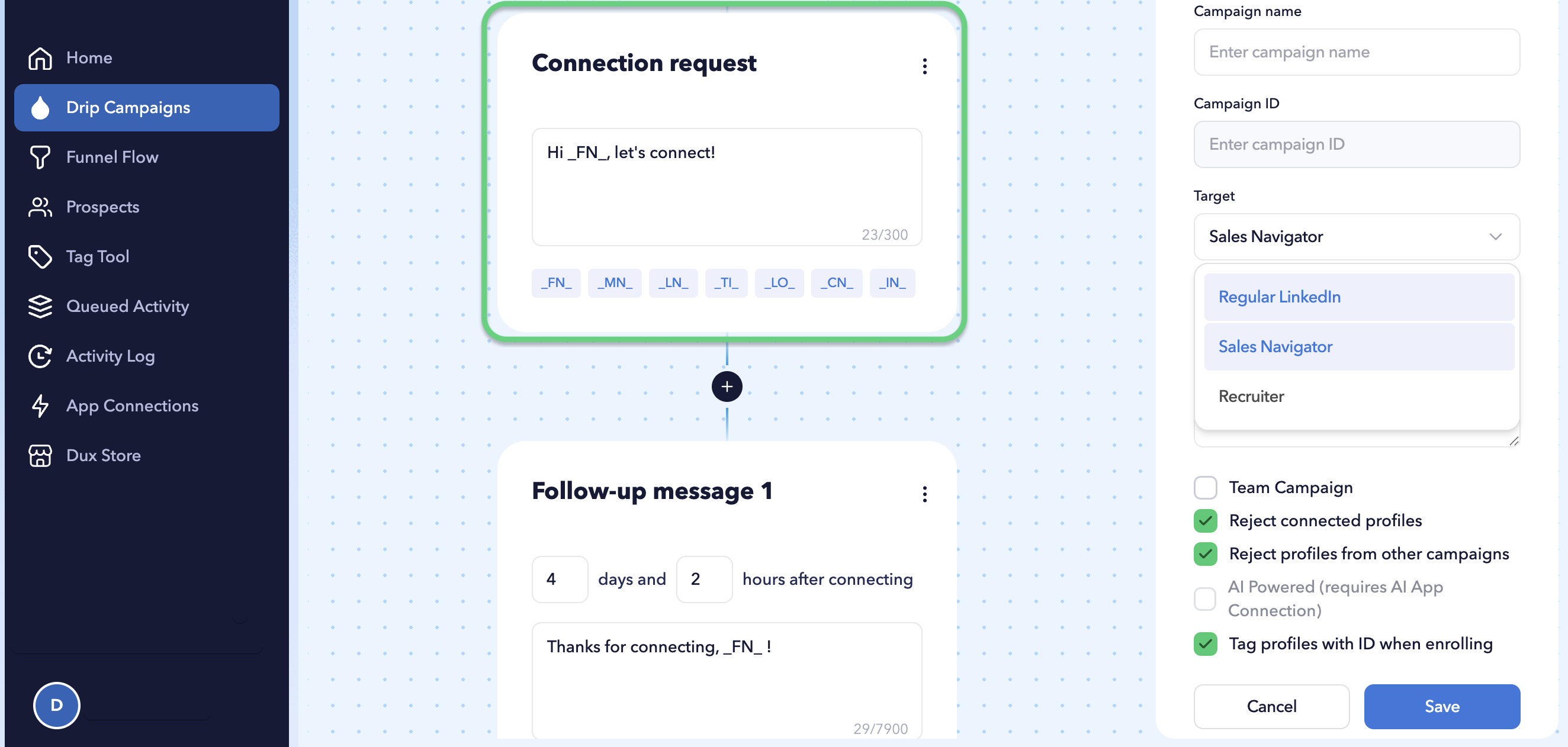 Message editor showing a personalised LinkedIn connection request using STACKED message variables.