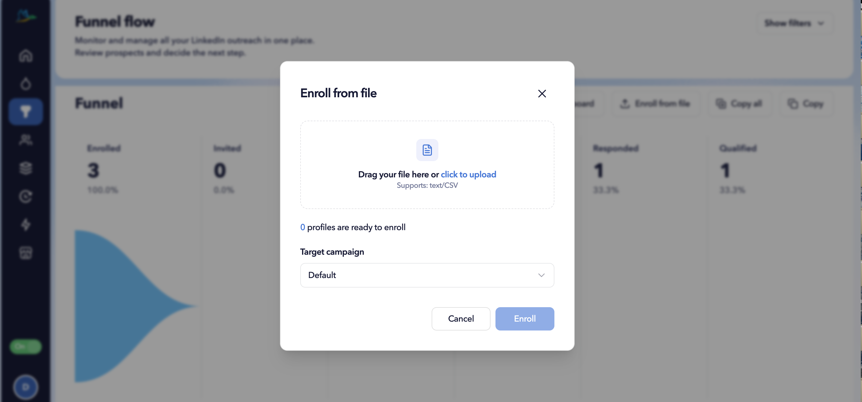 CSV file upload used to enrol LinkedIn profiles into a Dux-Soup STACKED campaign.