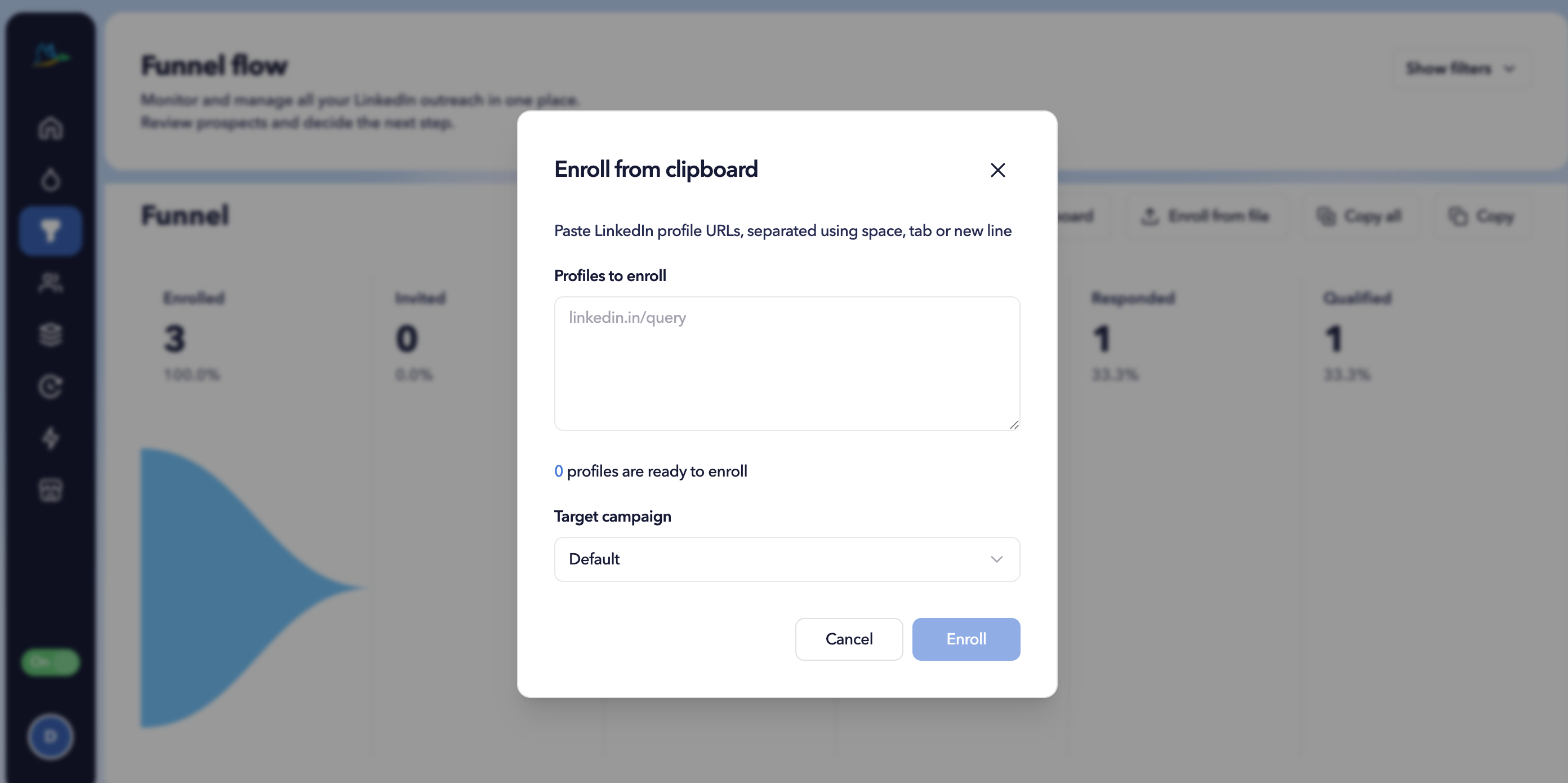 Clipboard enrolment used to add LinkedIn profile URLs to a Dux-Soup STACKED campaign.