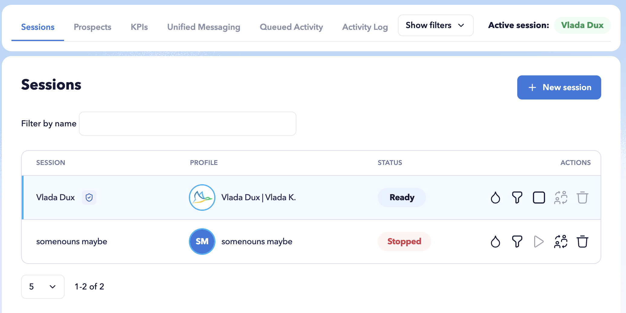 STACKED Admin Dashboard Sessions tab showing multiple LinkedIn sessions and controls for managing campaigns, Funnels, and Hosted session activity.
