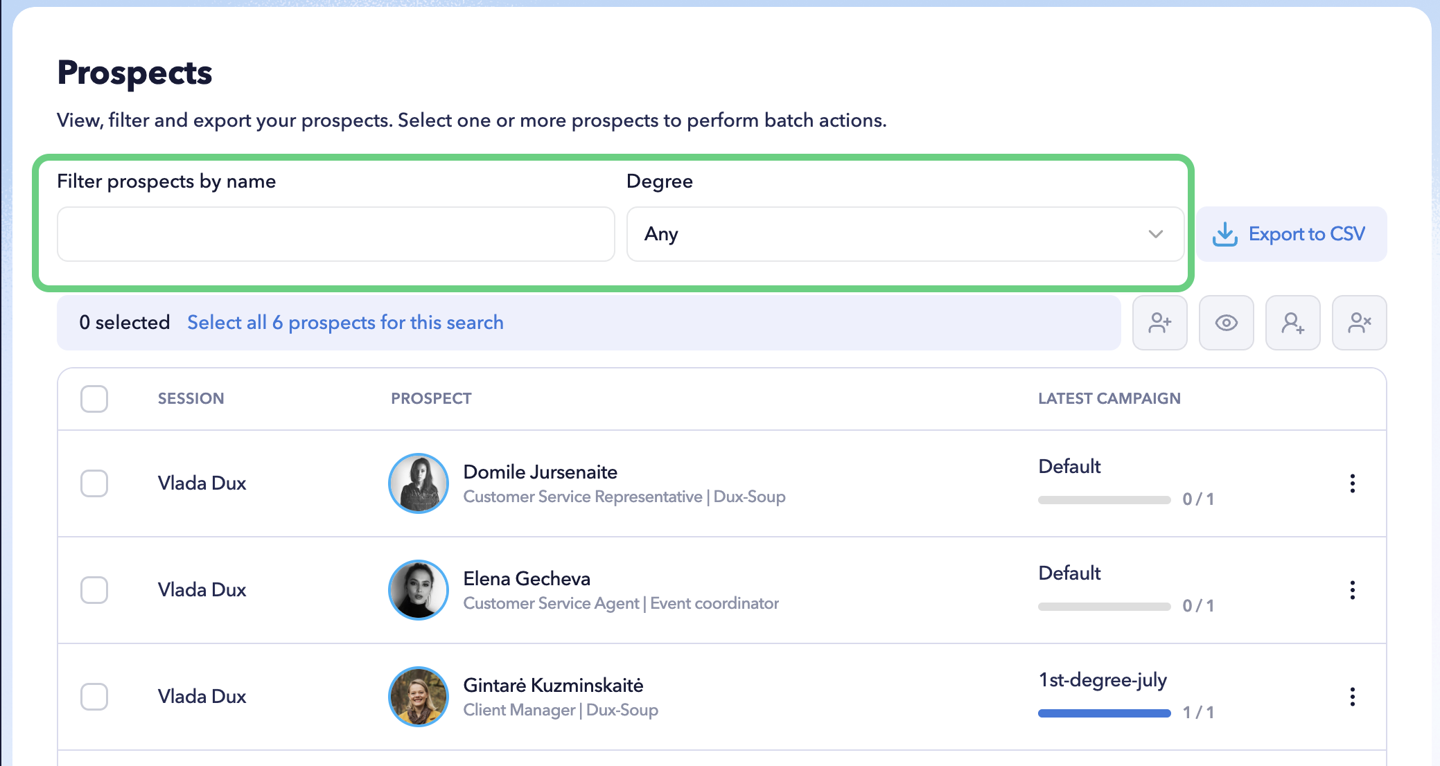STACKED Admin Dashboard Prospects tab showing LinkedIn prospects across sessions with session, prospect details, latest campaign and campaign progress.