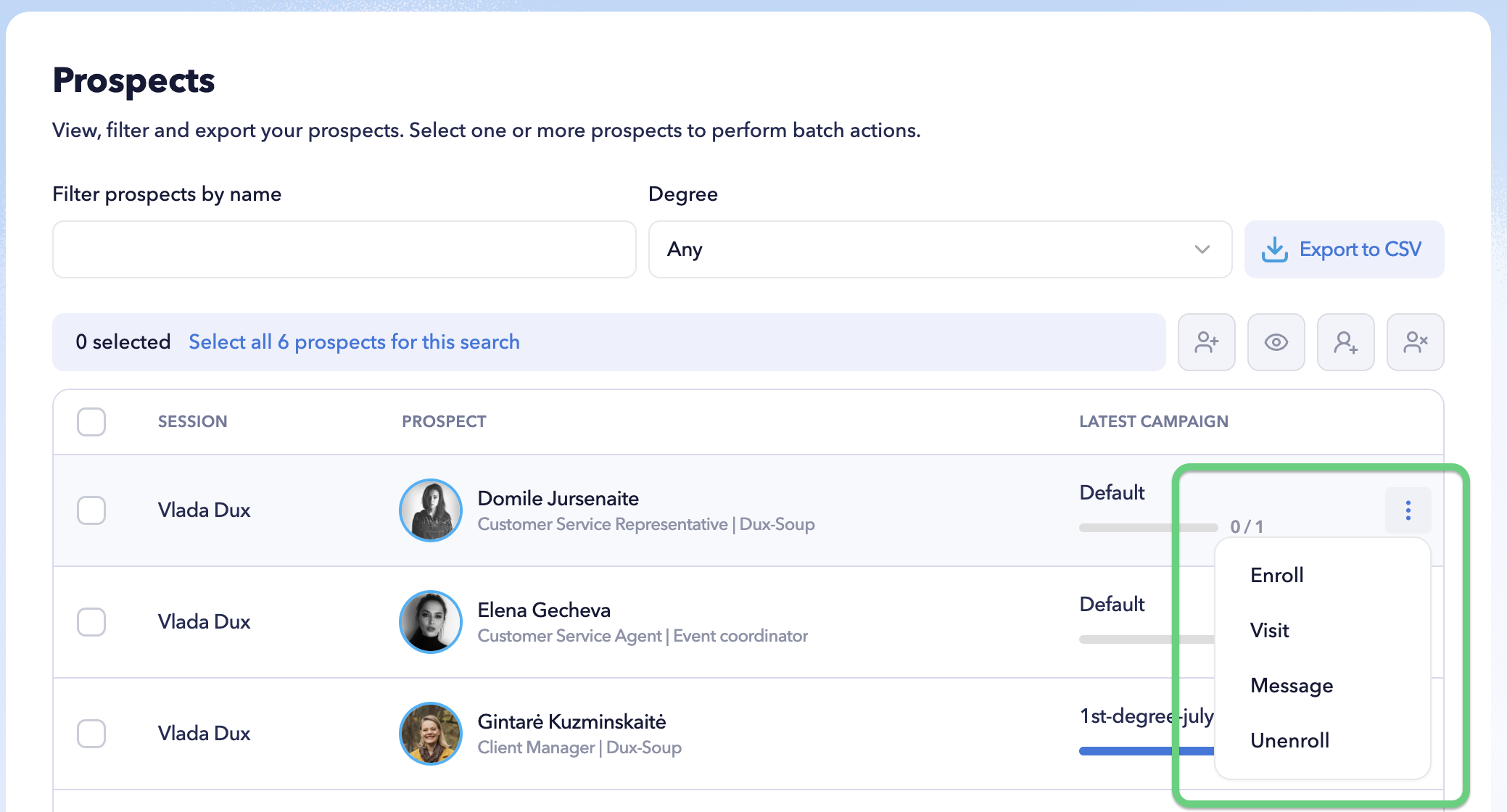 STACKED Admin Dashboard showing the three-dot menu used to access available actions for an individual LinkedIn prospect.
