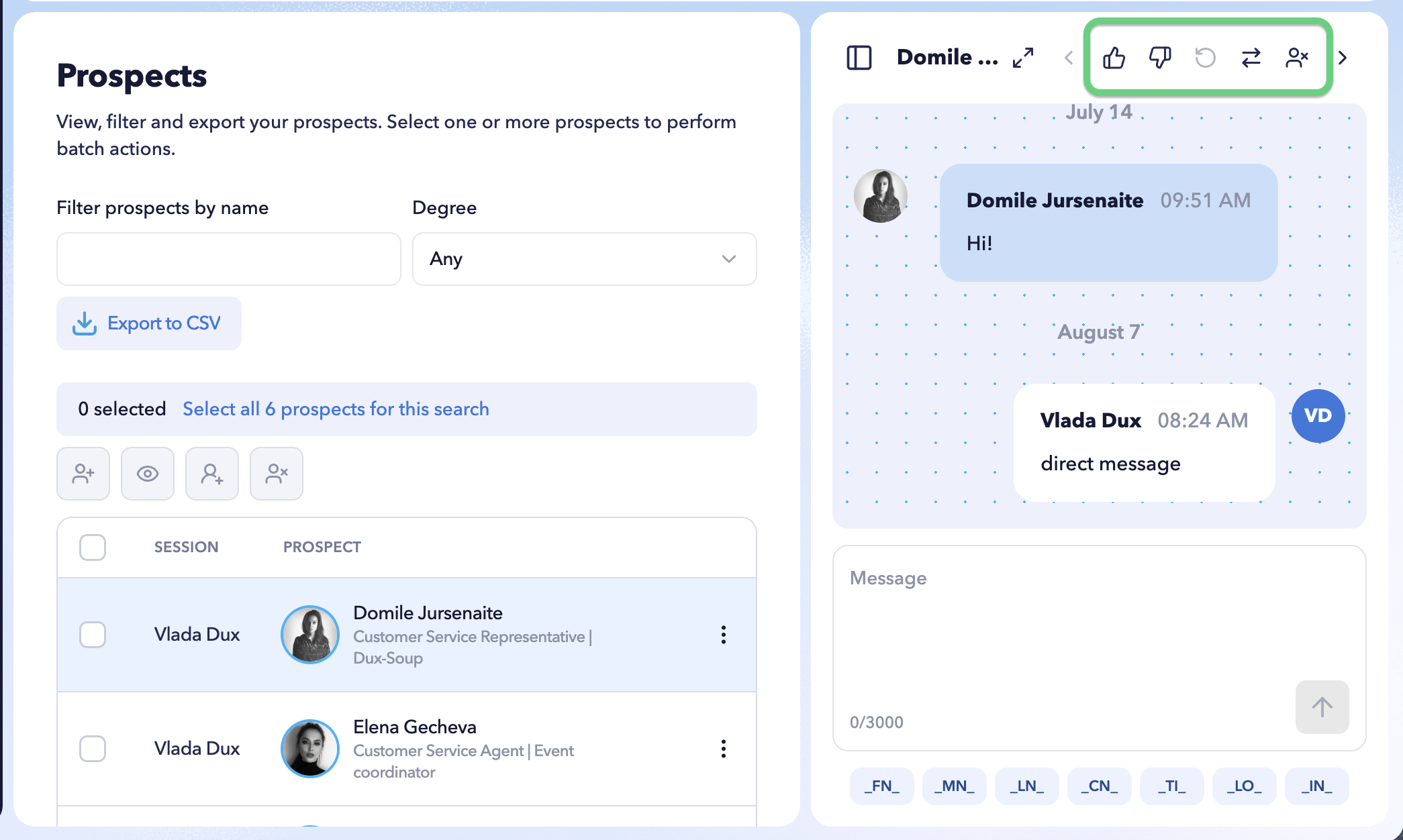 STACKED Admin Dashboard prospect controls showing options to qualify, disqualify, continue, switch campaigns, or unenroll a LinkedIn prospect.