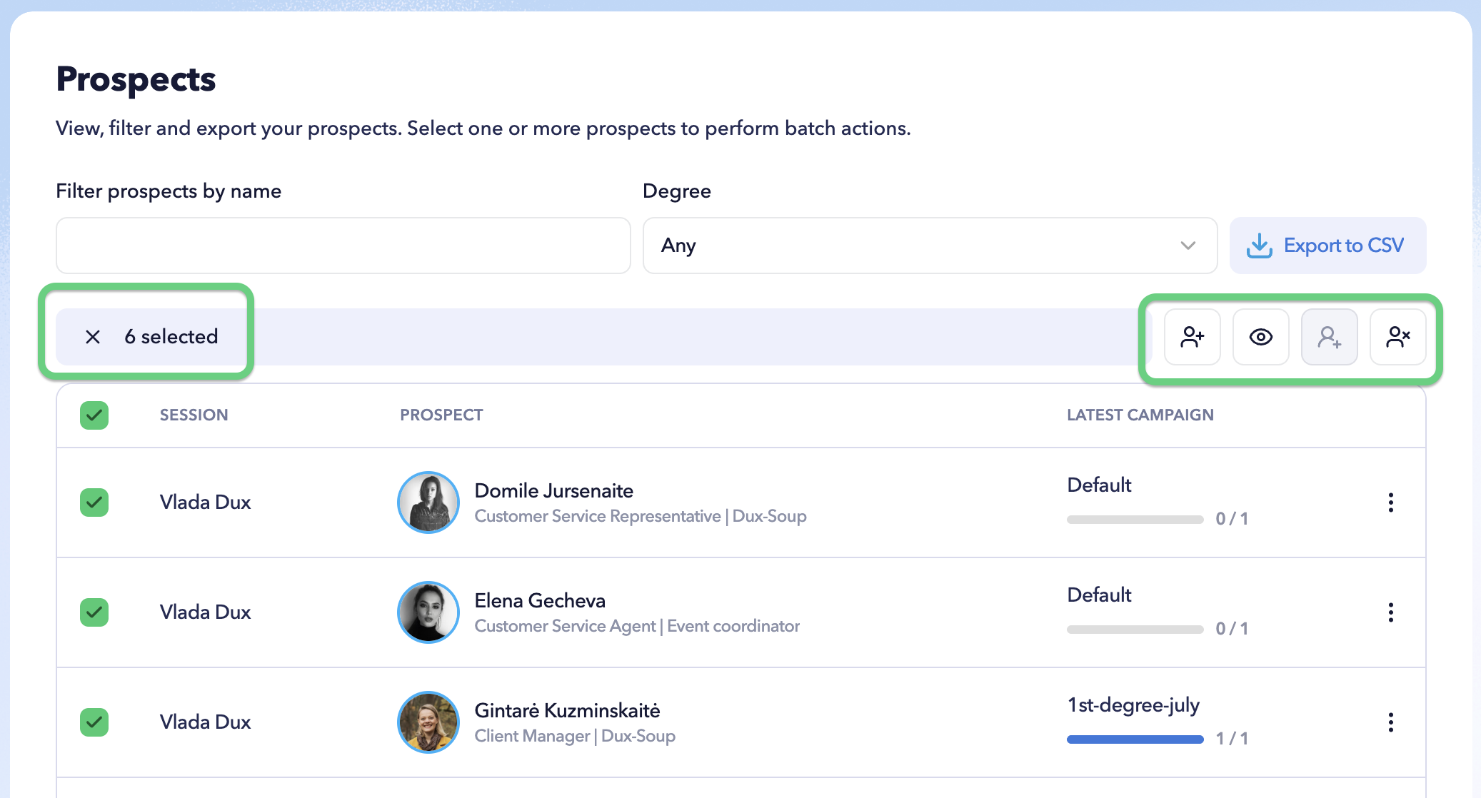 STACKED Admin Dashboard Prospects tab showing multiple LinkedIn prospects selected for bulk actions.