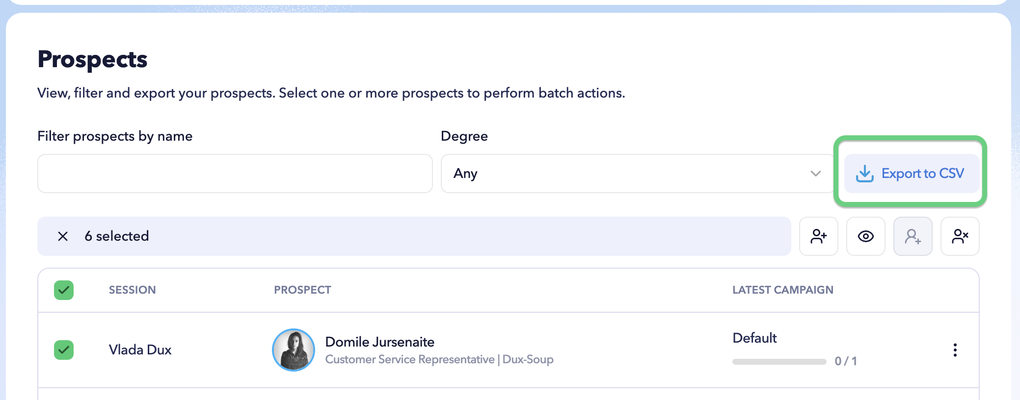 STACKED Admin Dashboard Prospects tab showing the Export to CSV option used to download LinkedIn prospect data across selected sessions.