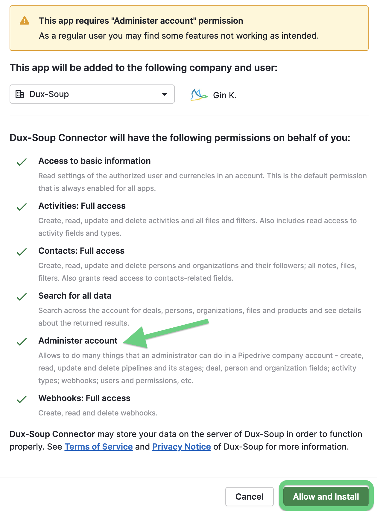 Install page for Pipedrive connector for Dux.