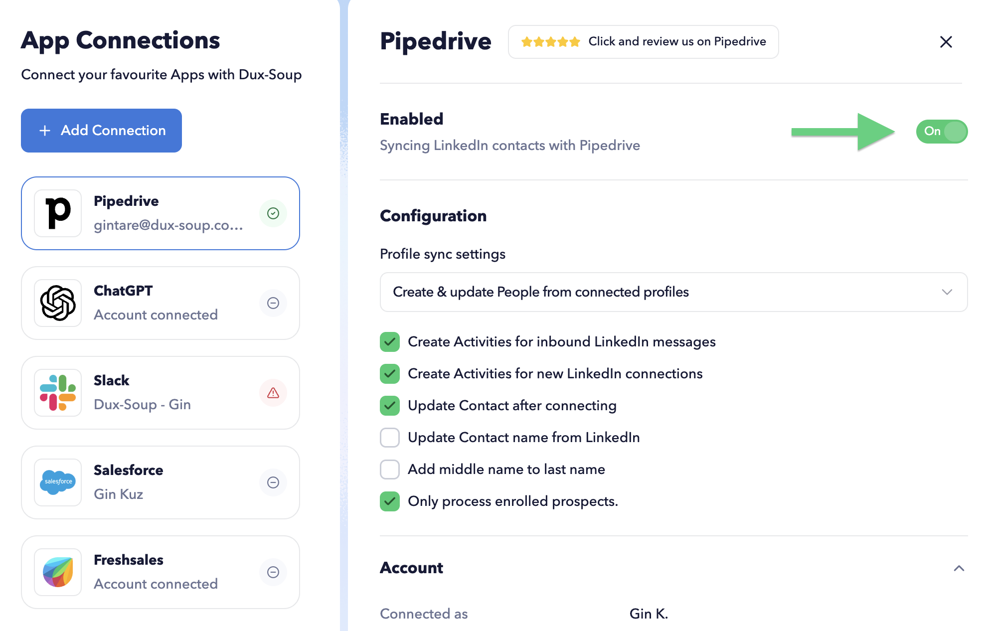 Pipedrive connector app for Dux-Soup.
