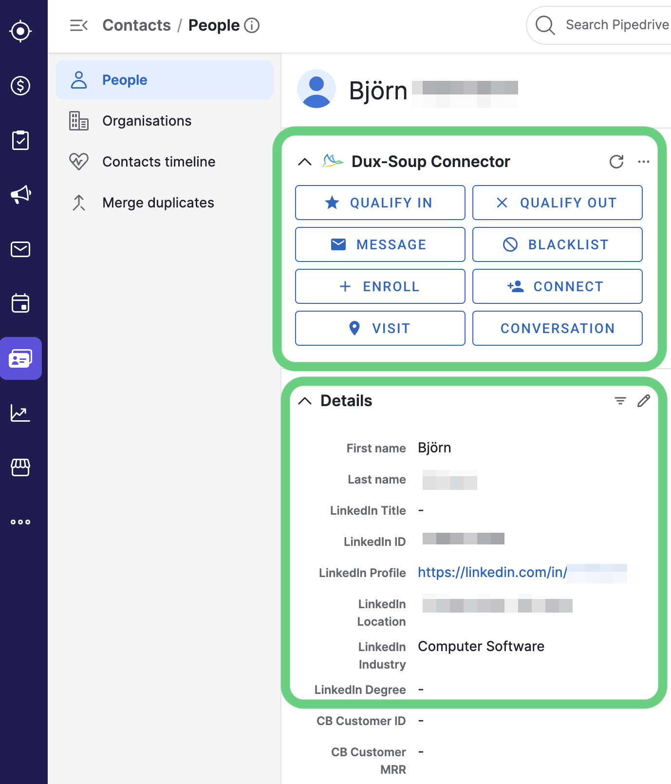Dux-Soup connector for Pipedrive. Showing data and actions available on Pipedrive