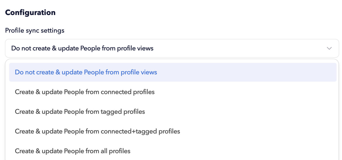 Pipedrive CRM connector configurations. Profile sync settings.