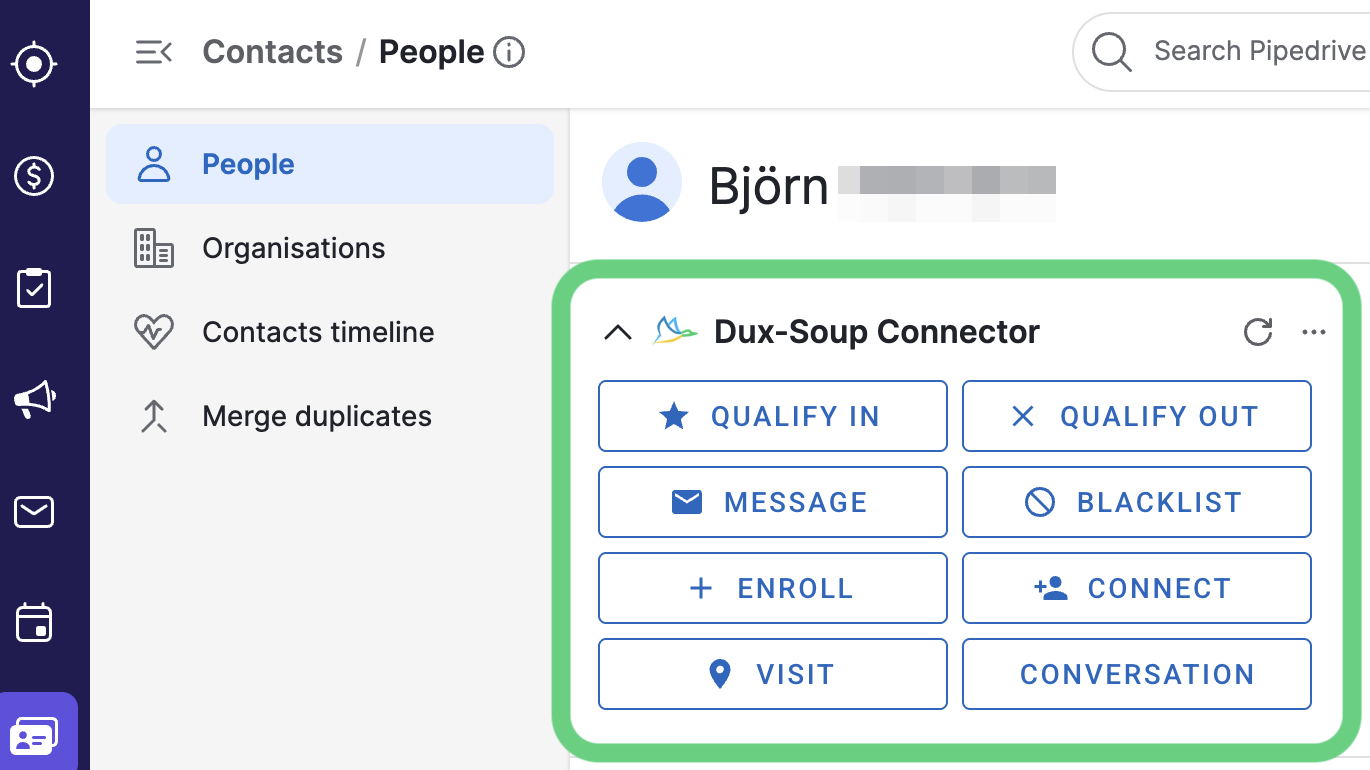 Using the Dux-Soup Connector panel located on the left-hand side of a contact record, you can schedule different STACKED actions for that person.