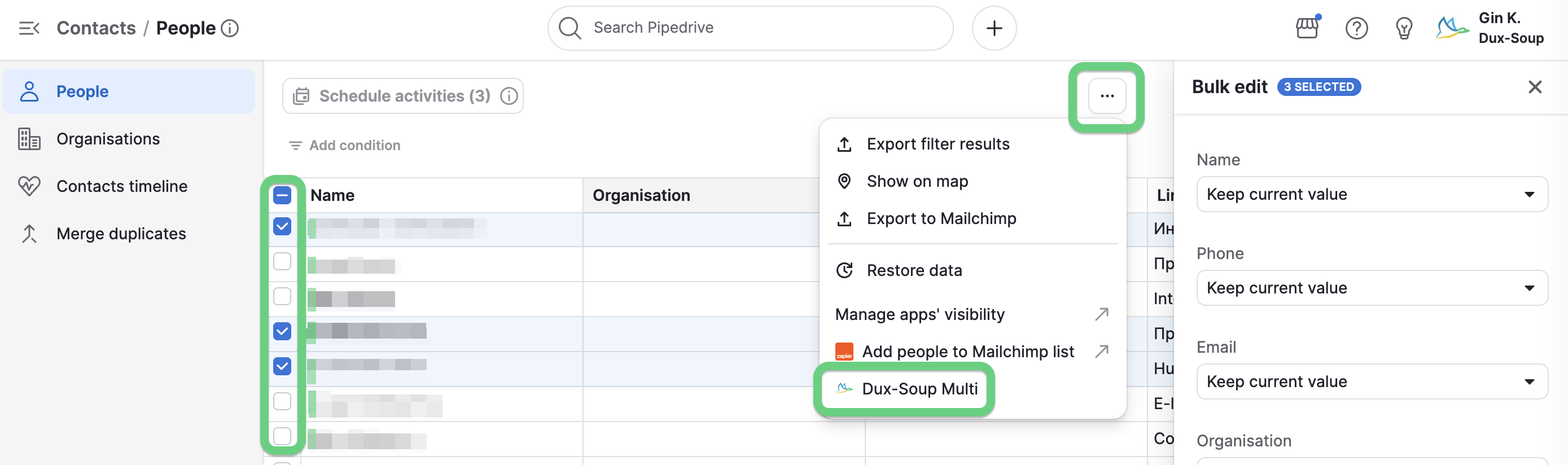 Enroll, Message, and Blacklist actions are also available for multiple Pipedrive contacts at once from the People list.
