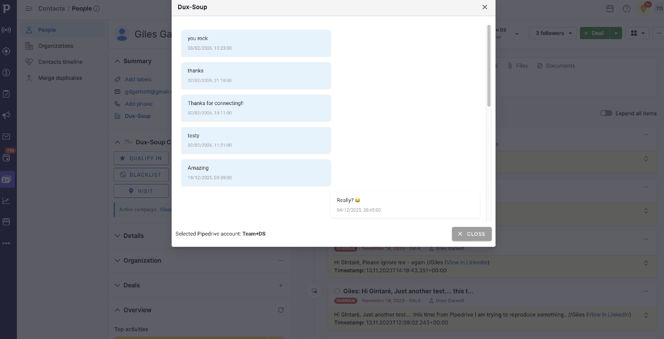 Conversation - opens the LinkedIn conversation associated with that contact, allowing you to review or continue communication.