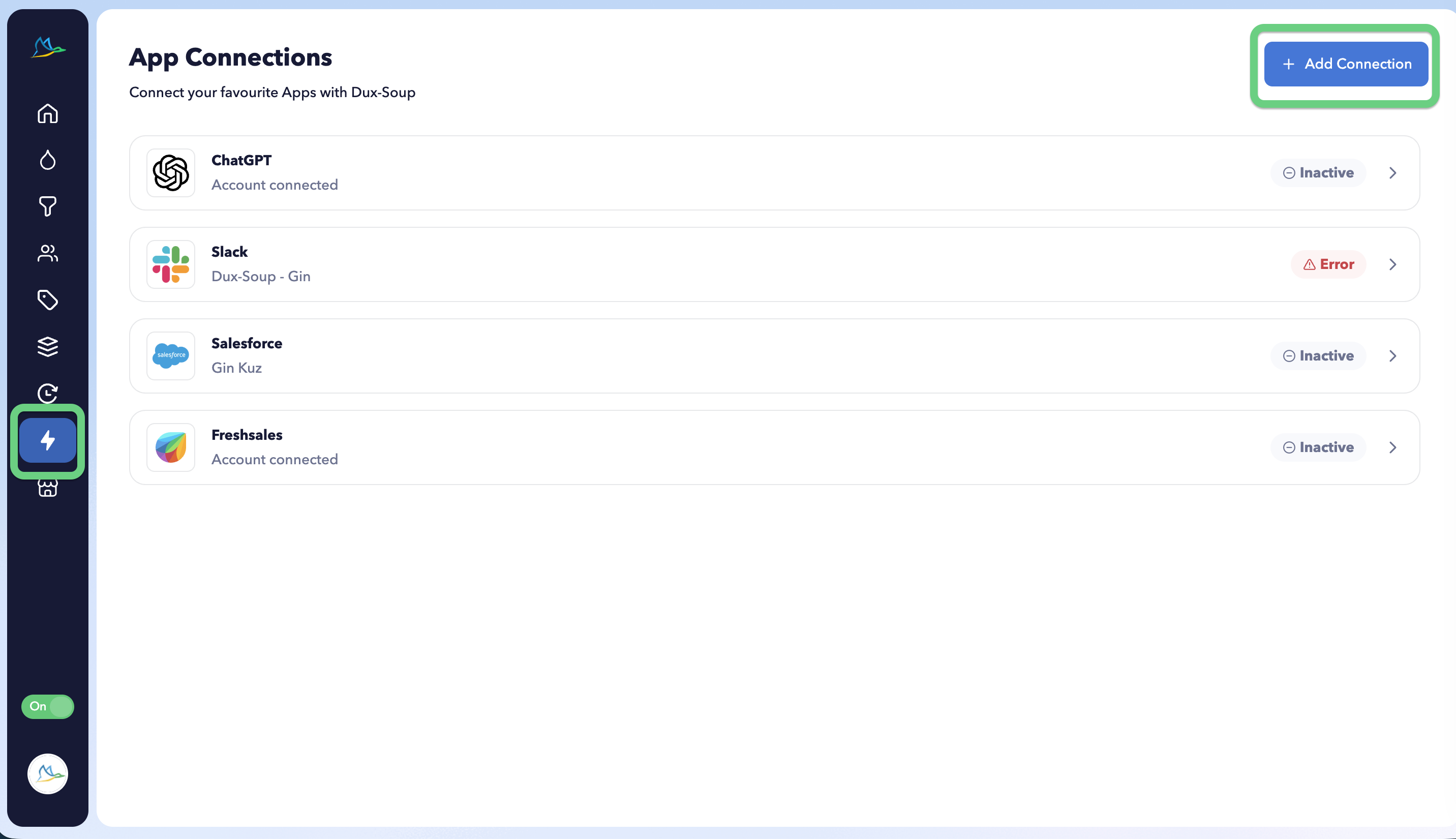 To install the Pipedrive CRM connector, go to Dash, the App Connections page, click on the New Connection button and select Pipedrive