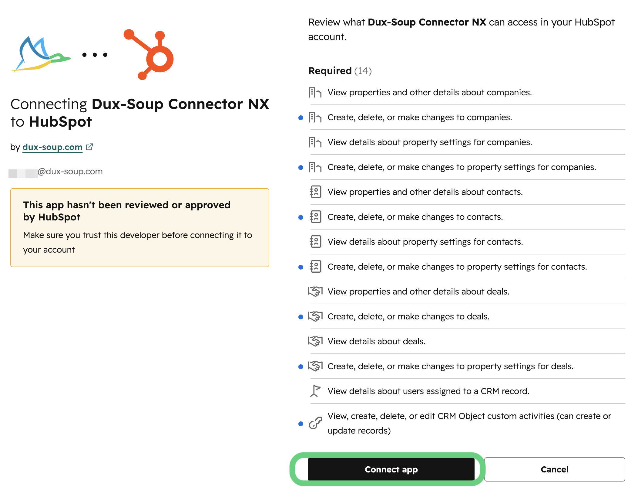 Click on the connect app for Hubspot.