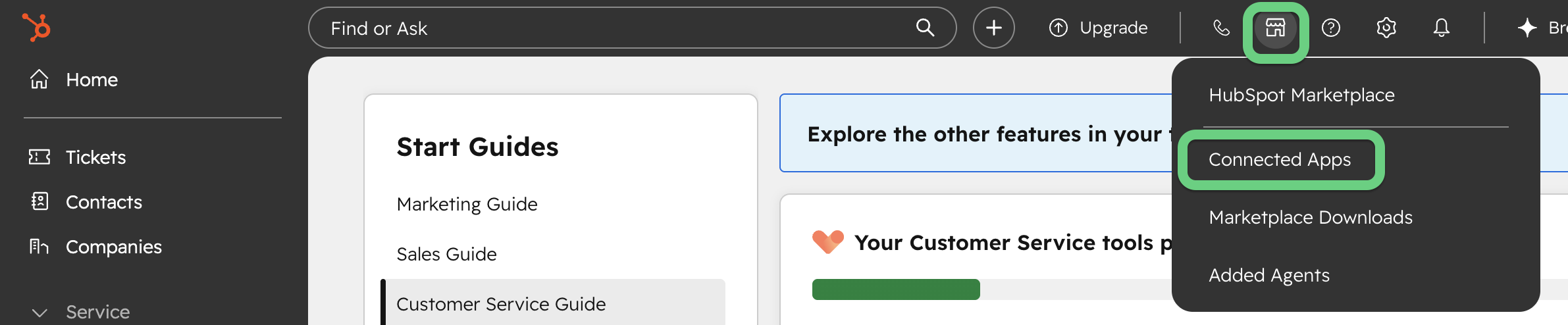 Go to the HubSpot Marketplace and select Connected Apps