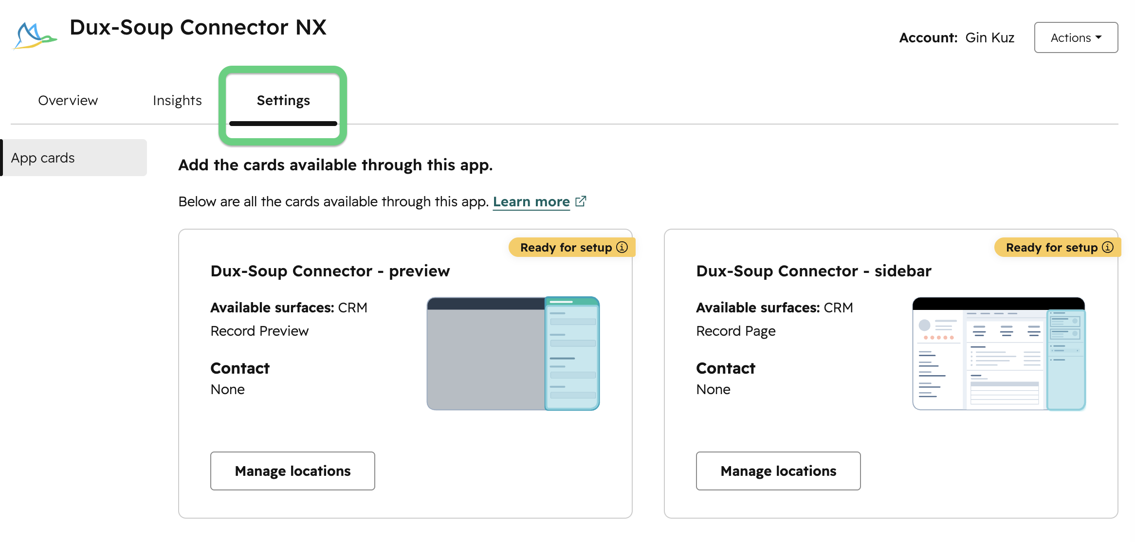 Go to Settings for Hubspot connector