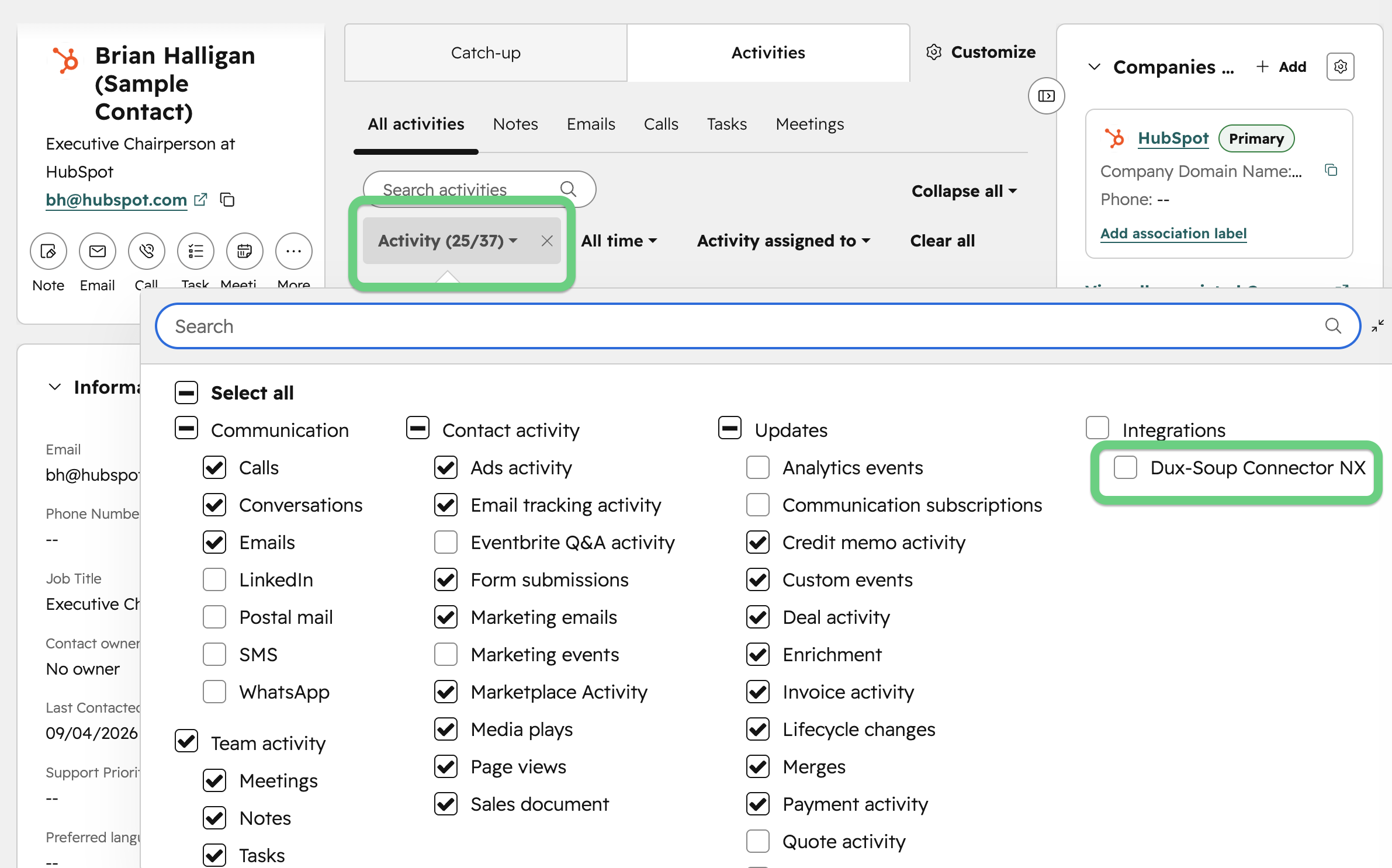 To see LinkedIn messages as timeline events, enable the Dux-Soup Connector NX Integration filter in the Contact's Activities tab.