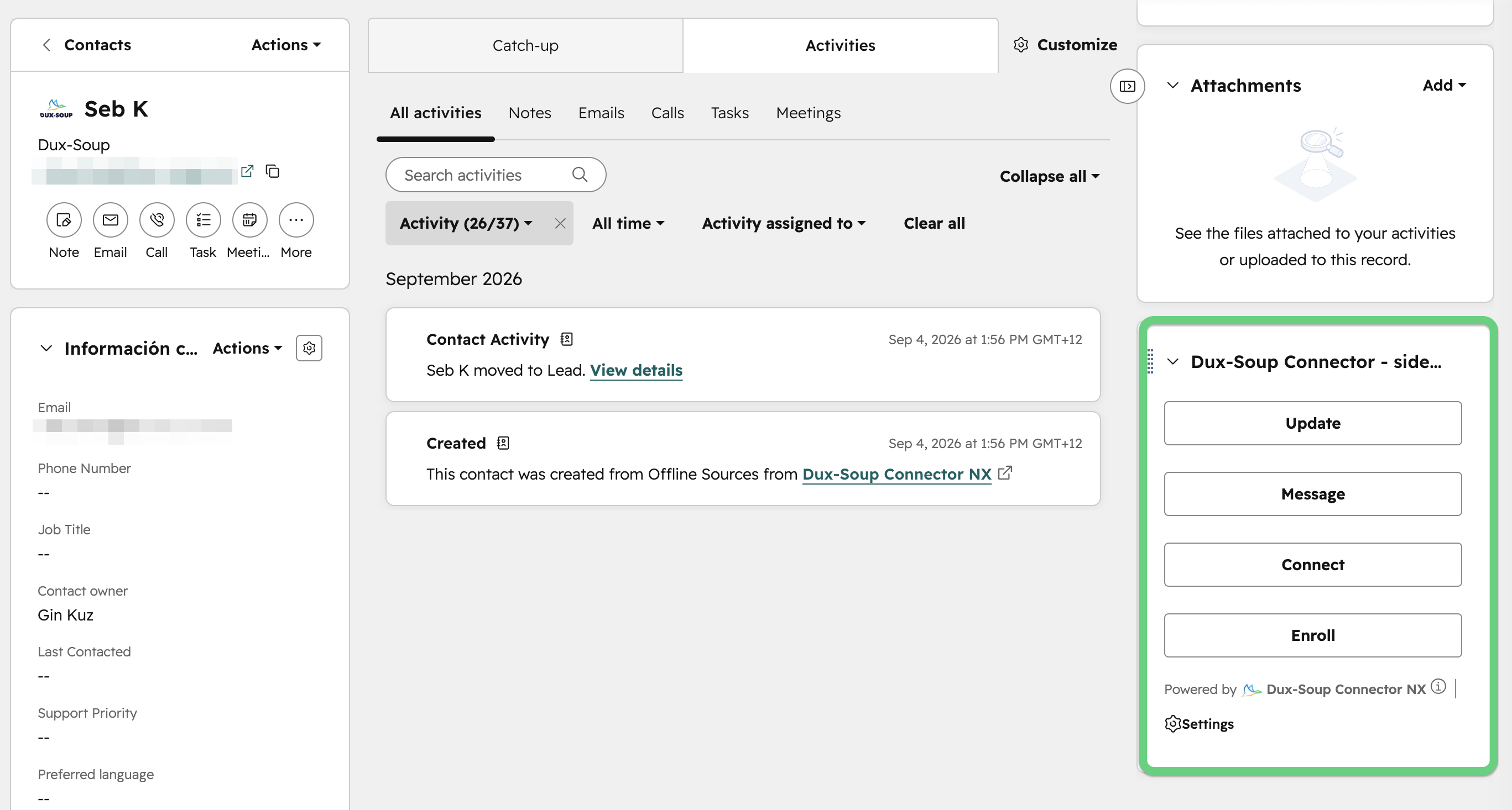 You can schedule STACKED activities from your HubSpot CRM, such as enrolling in a STACKED drip campaign, sending a direct message, updating contact information, and sending a connection request from an individual contact page
