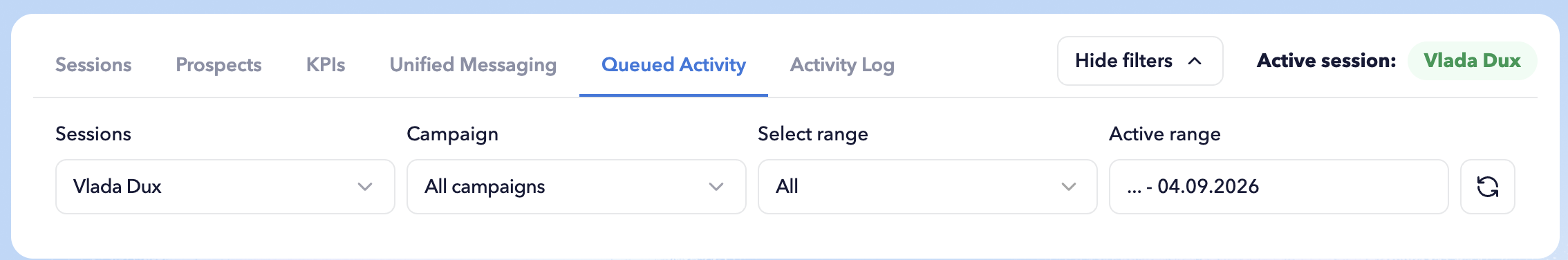 STACKED Admin Dashboard Filters panel showing options to select one, multiple, or all LinkedIn sessions, filter by campaign, and choose a reporting period.