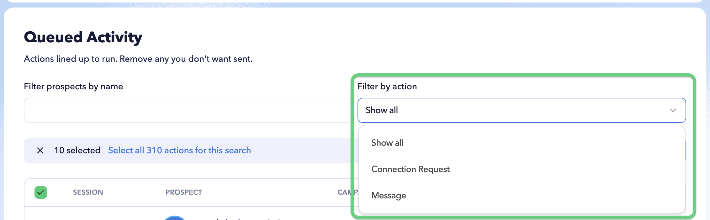 STACKED Queued Activity showing filters used to find scheduled LinkedIn automation by prospect name or action type.