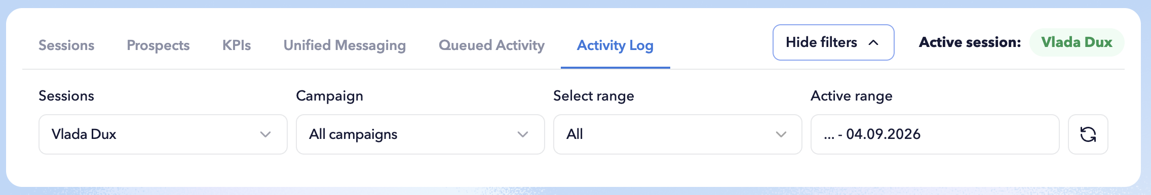 STACKED Admin Dashboard Filters panel showing options to select one, multiple, or all LinkedIn sessions, filter by campaign, and choose a reporting period.