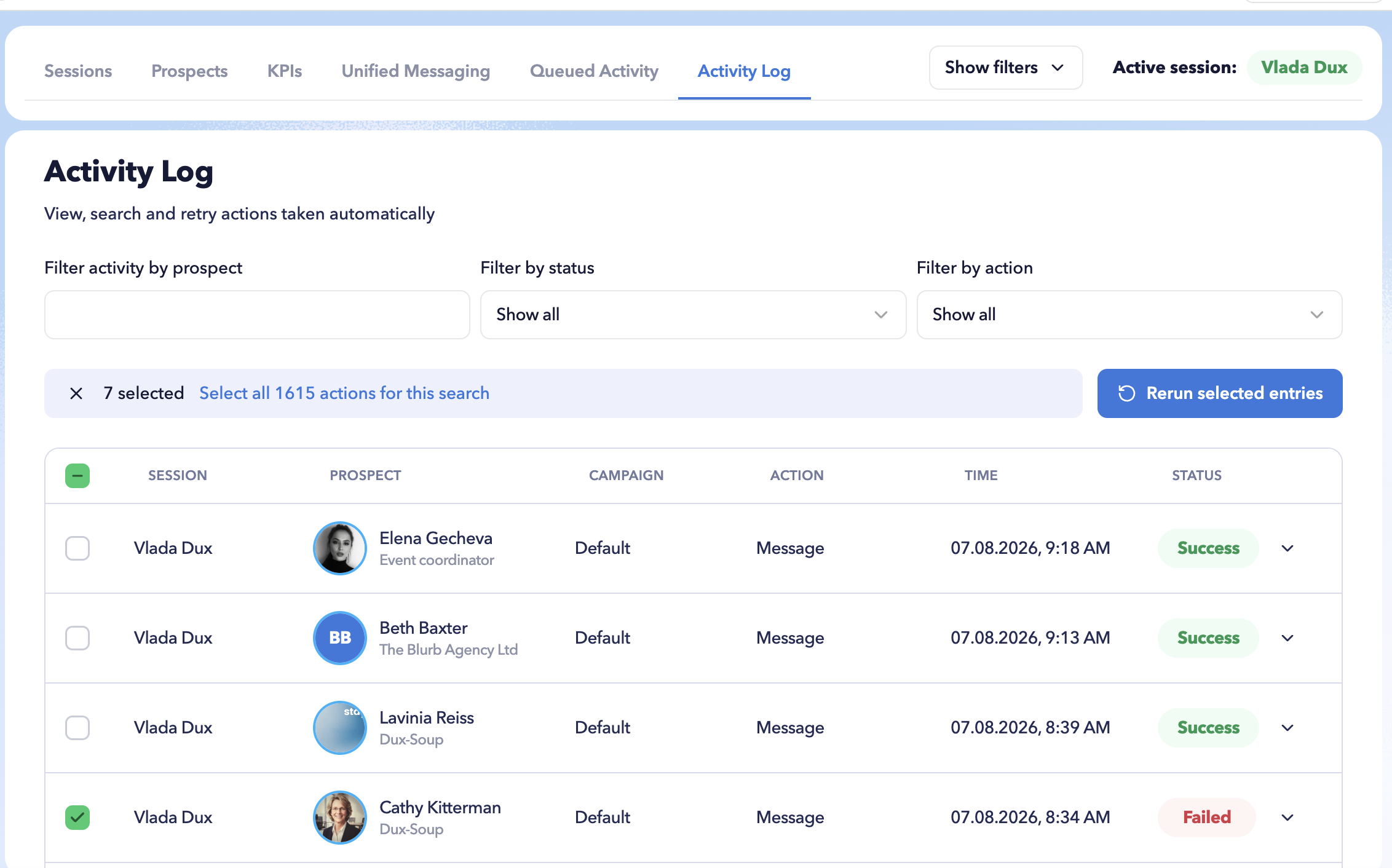 STACKED Admin Dashboard Activity Log showing LinkedIn automation actions across selected sessions with prospect, campaign, action, time, and status details.