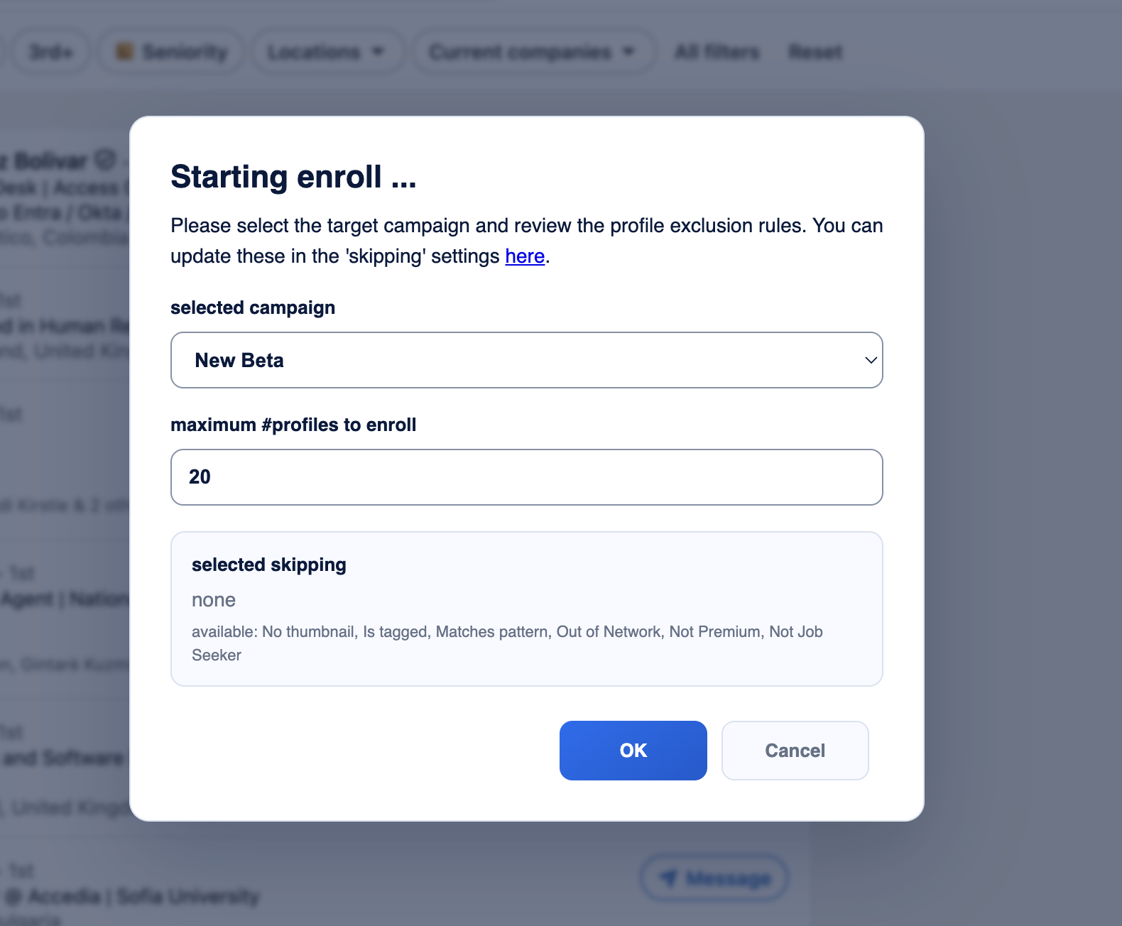 STACKED enrolment window showing how to select a drip campaign and set the maximum number of LinkedIn profiles to enrol.