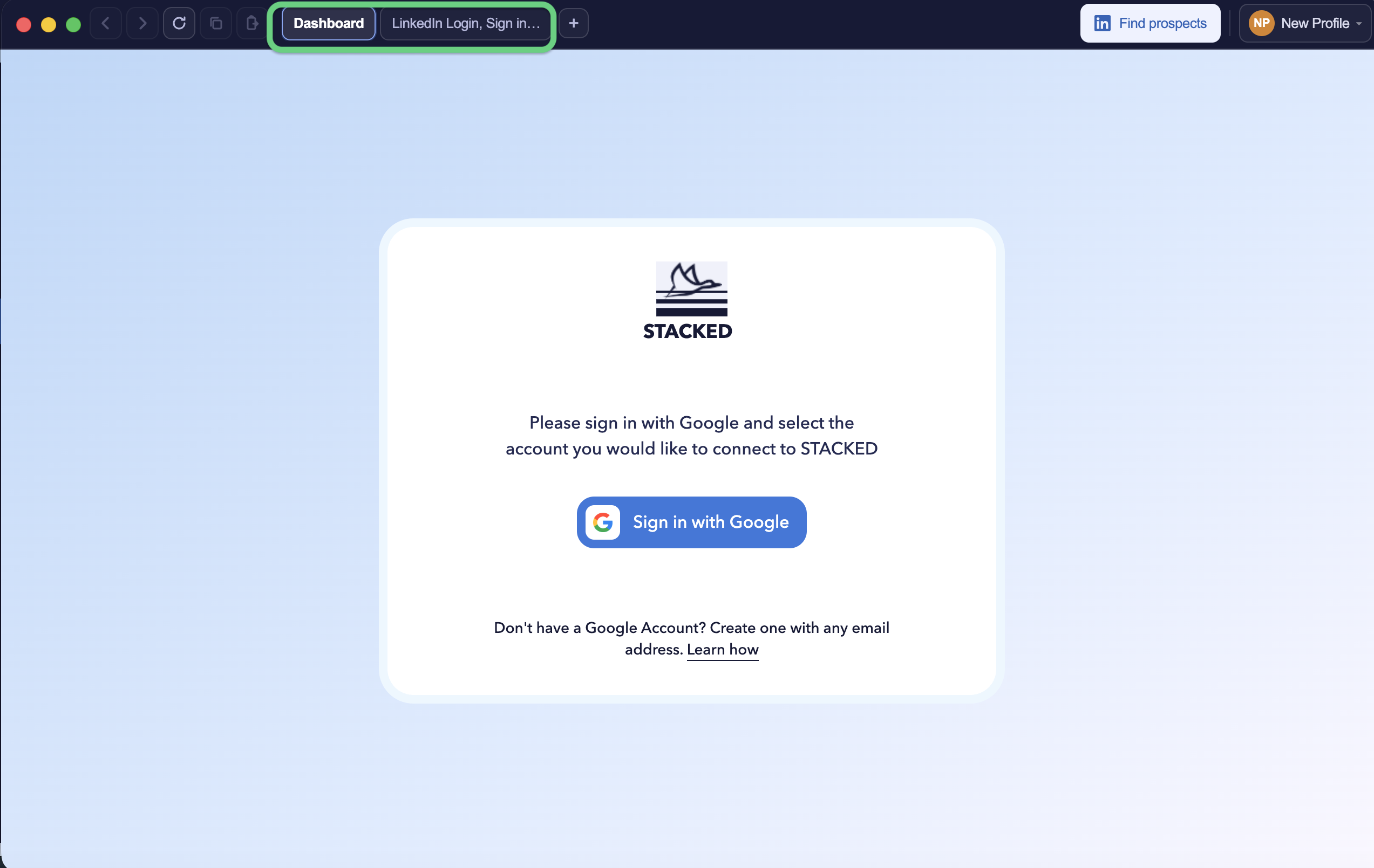 STACKED sign-in page