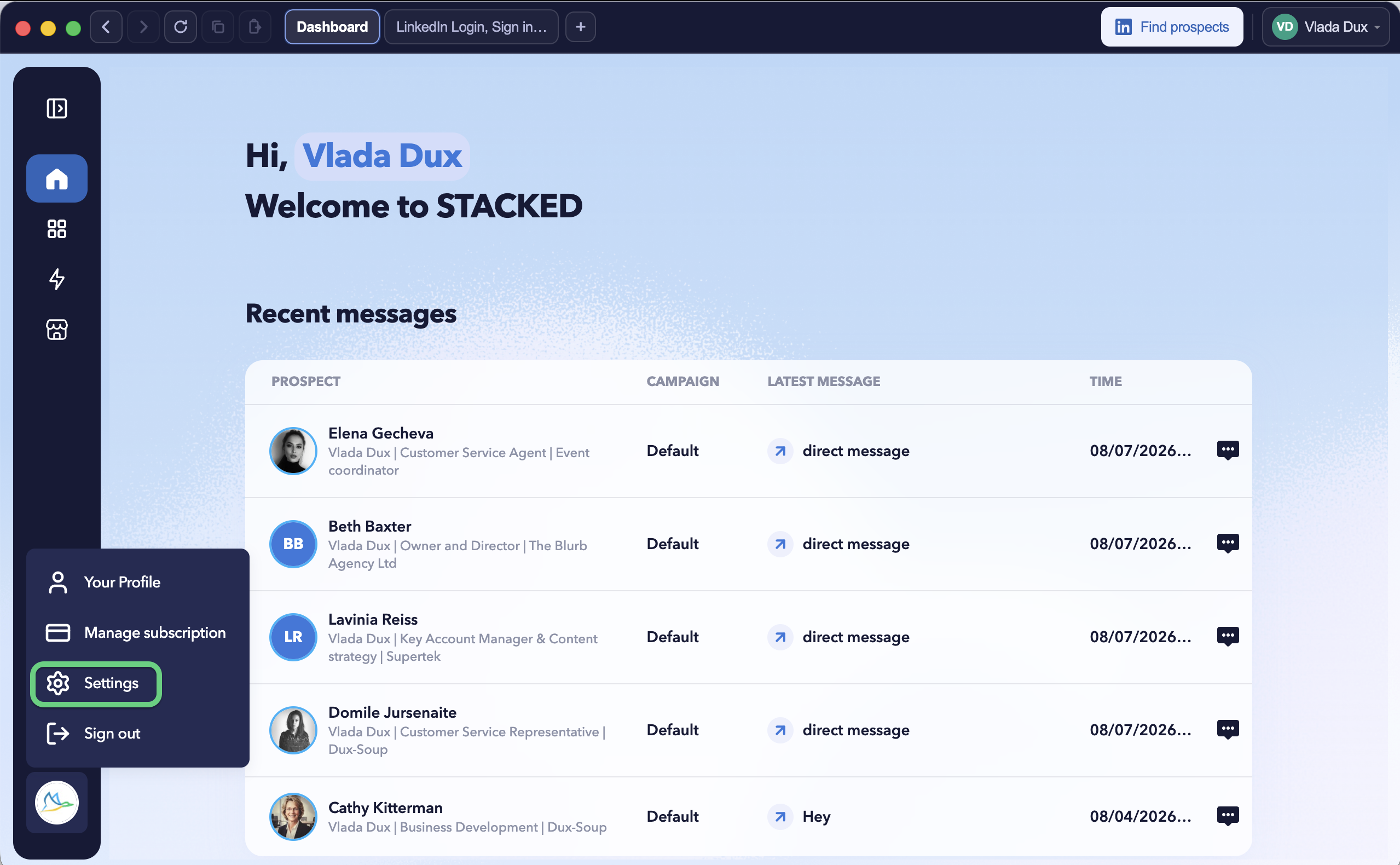 STACKED profile menu showing the Settings option used to open automation and account settings.