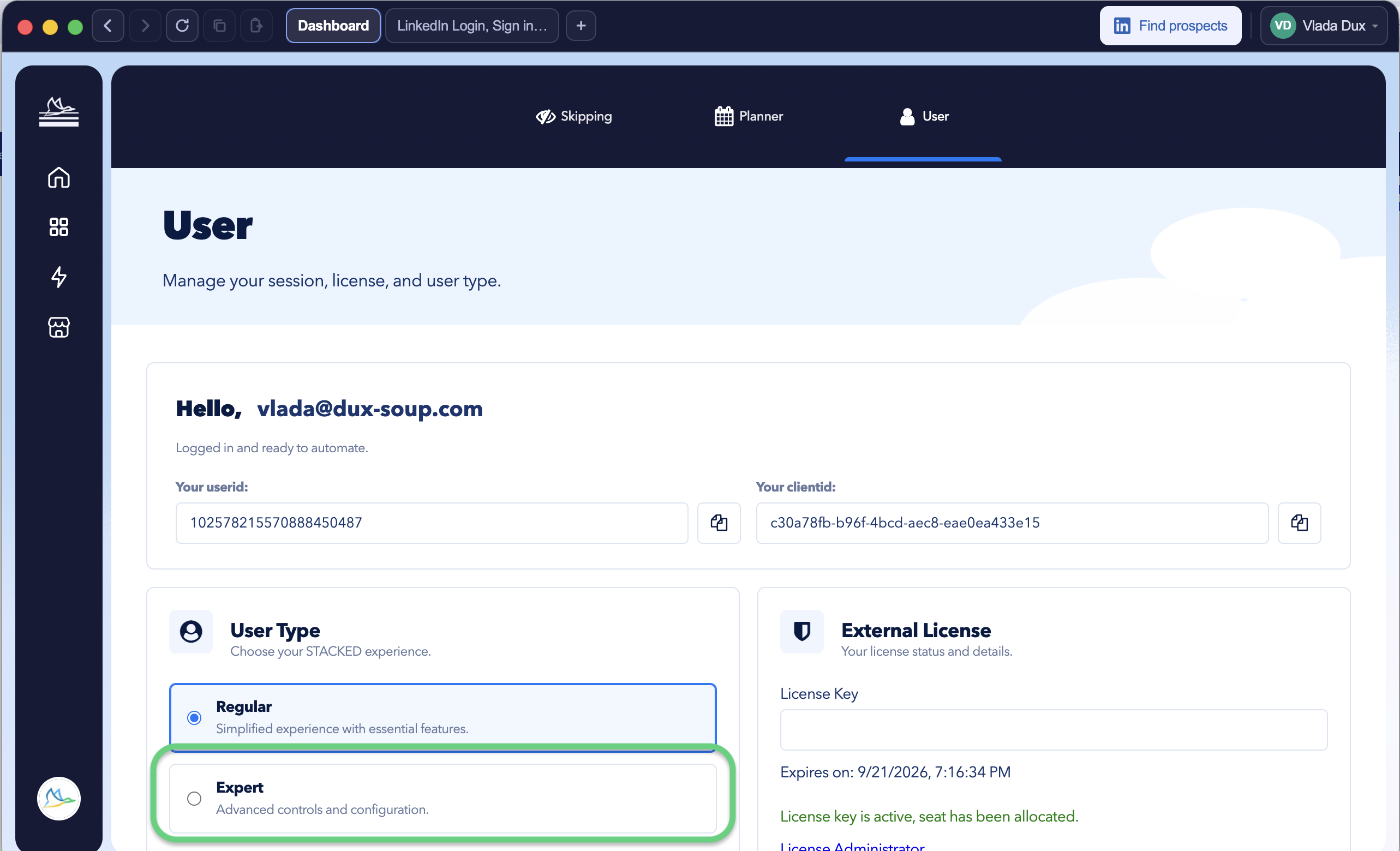 STACKED User settings showing the Regular and Expert interface options, with Expert selected to access advanced settings including the Throttling tab.