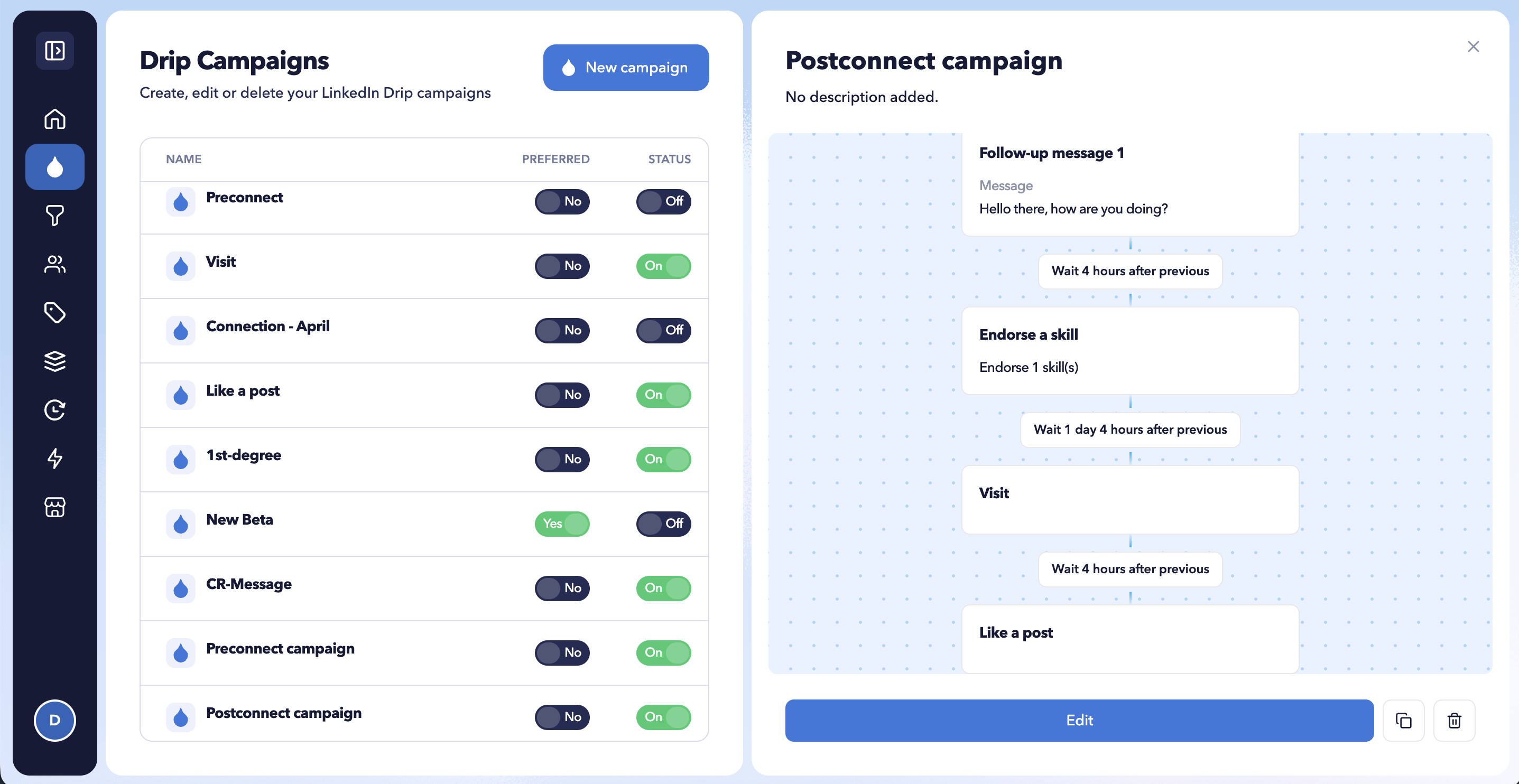 STACKED Postconnect drip campaign sequence showing LinkedIn actions available for engaging existing 1st-degree connections.