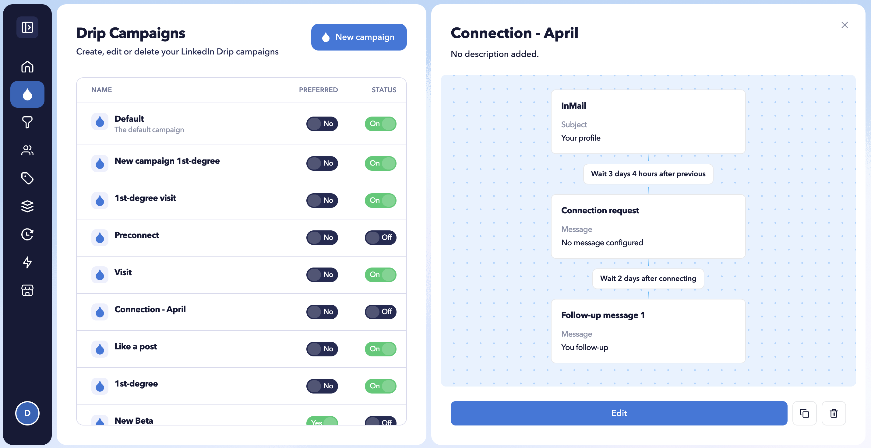 STACKED Connect drip campaign sequence showing connection and follow-up actions for connected and unconnected LinkedIn prospects.