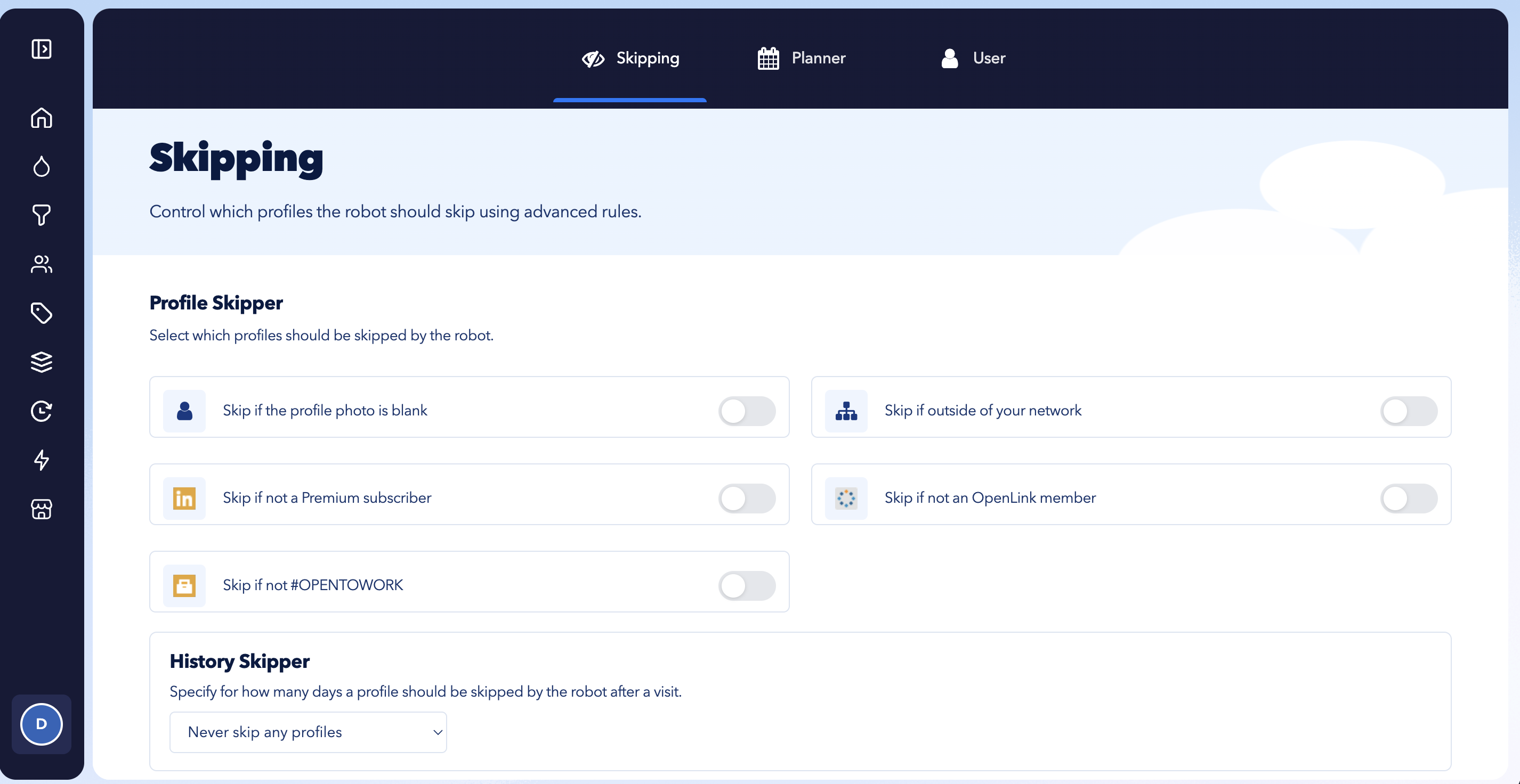 STACKED Skipping settings showing Profile Skipper rules used to exclude LinkedIn prospects based on profile, network, Premium, OpenLink, and Open to Work criteria.