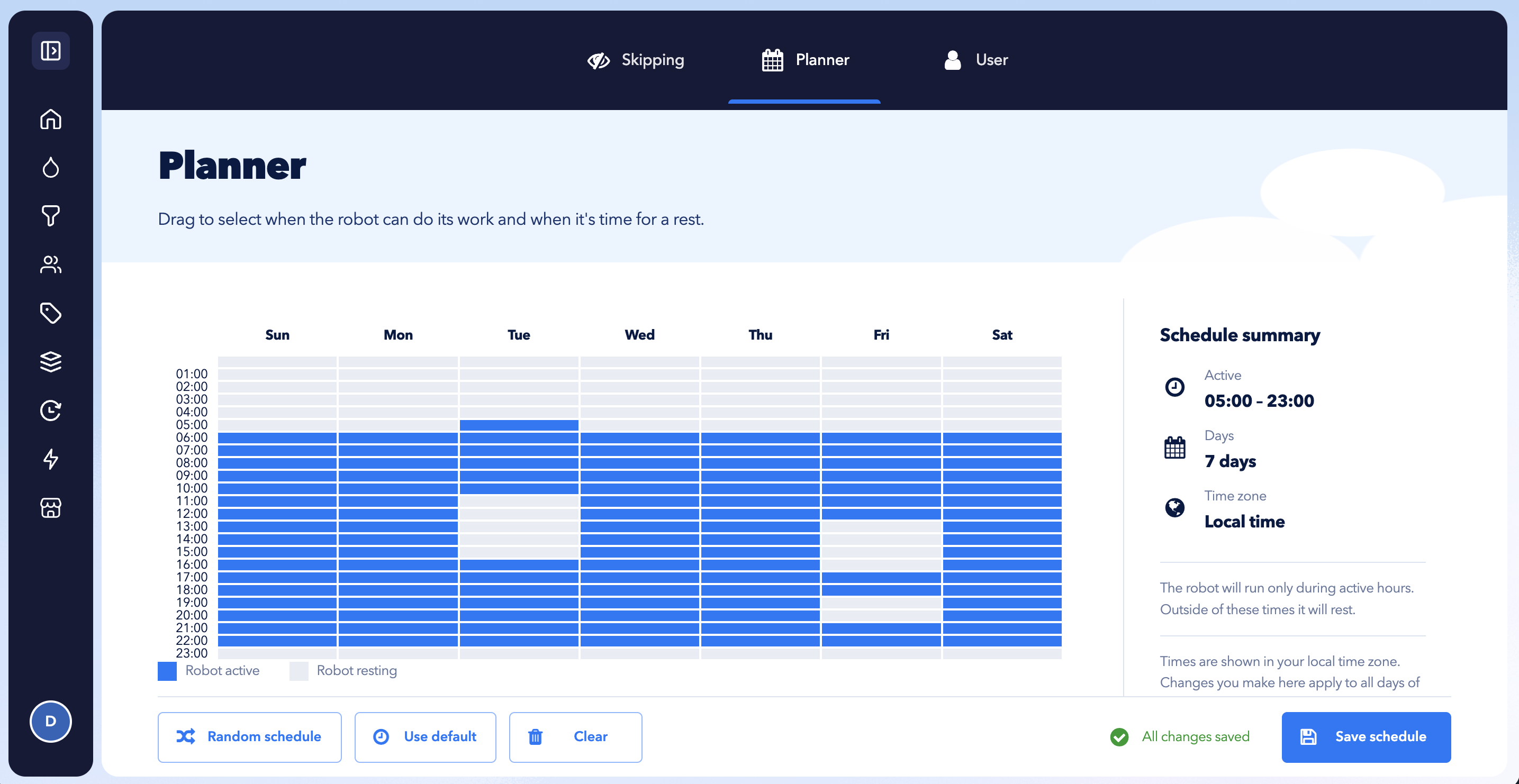 STACKED Planner showing a weekly automation schedule with active and resting hours used to control when LinkedIn automation can run.
