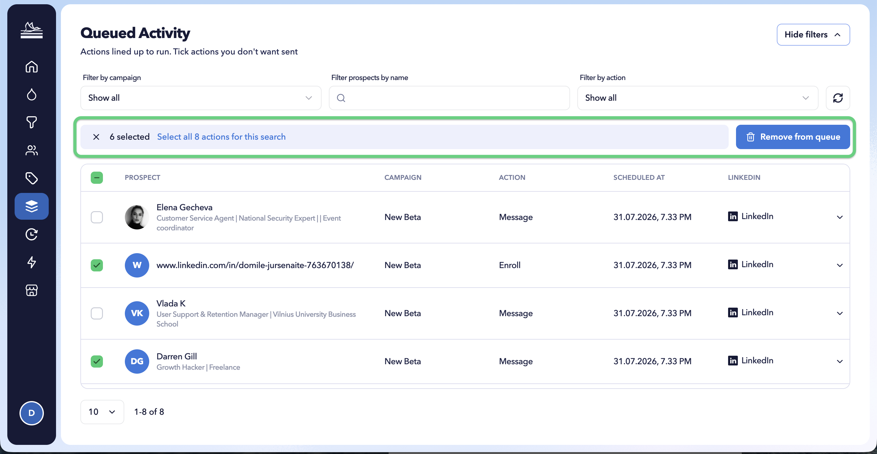STACKED Queued Activity showing selected LinkedIn automation actions and the Remove from queue button used to cancel scheduled actions in bulk.