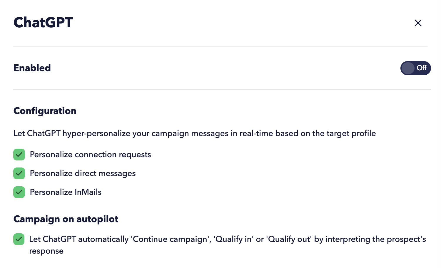 Once the ChatGPT connector is installed, you can enable specific AI-powered options for your campaigns.