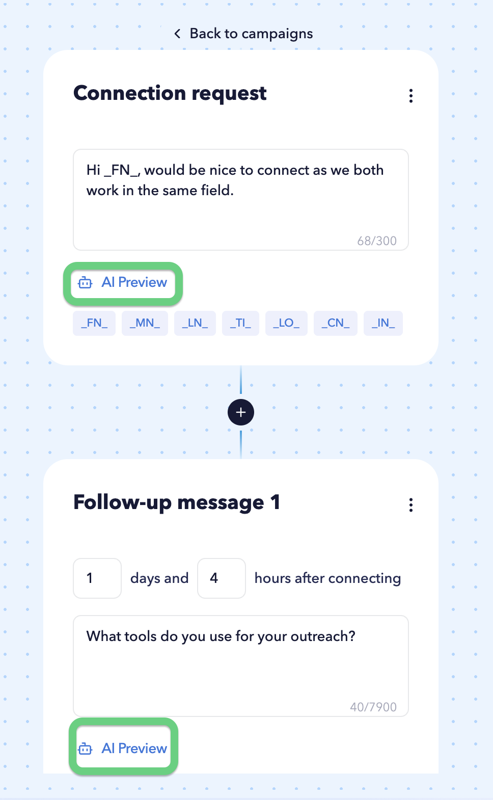 Click AI Preview, then click a profile to generate and preview a personalized message. STACKED will then send your campaign template to the configured AI model and display the personalized result.