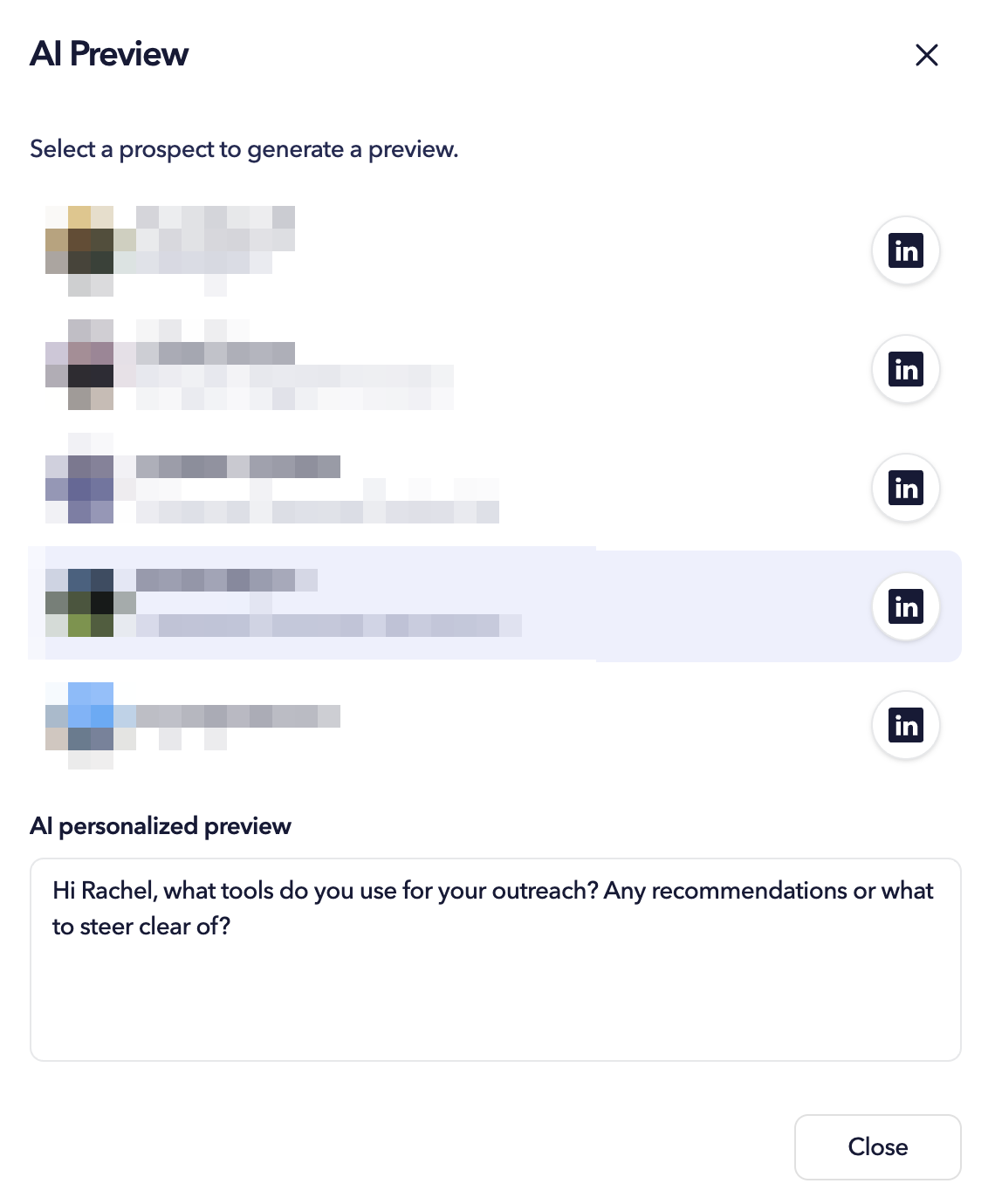 The profile selection list contains the five most recently viewed LinkedIn profiles. If no viewed profiles are available, STACKED will use sample profiles for testing purposes.
