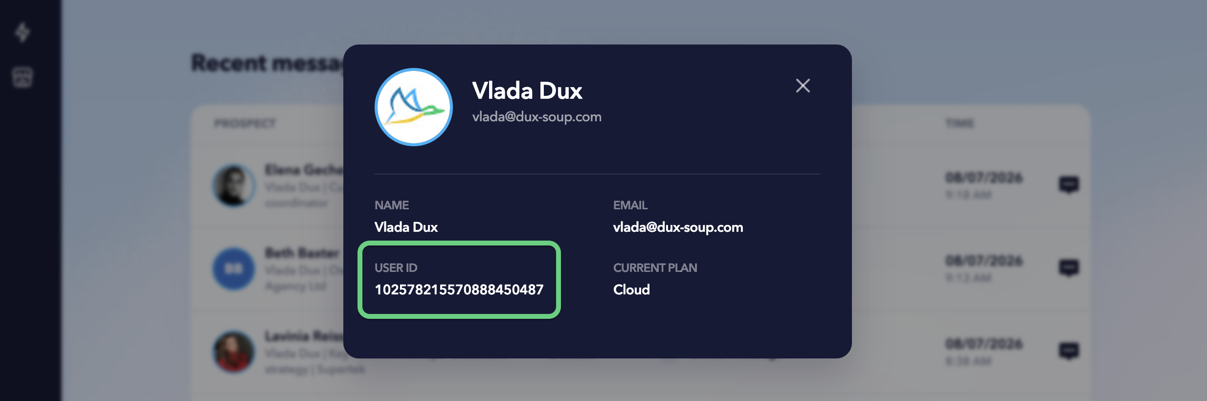 STACKED Your Profile window showing the User ID associated with the selected STACKED account.