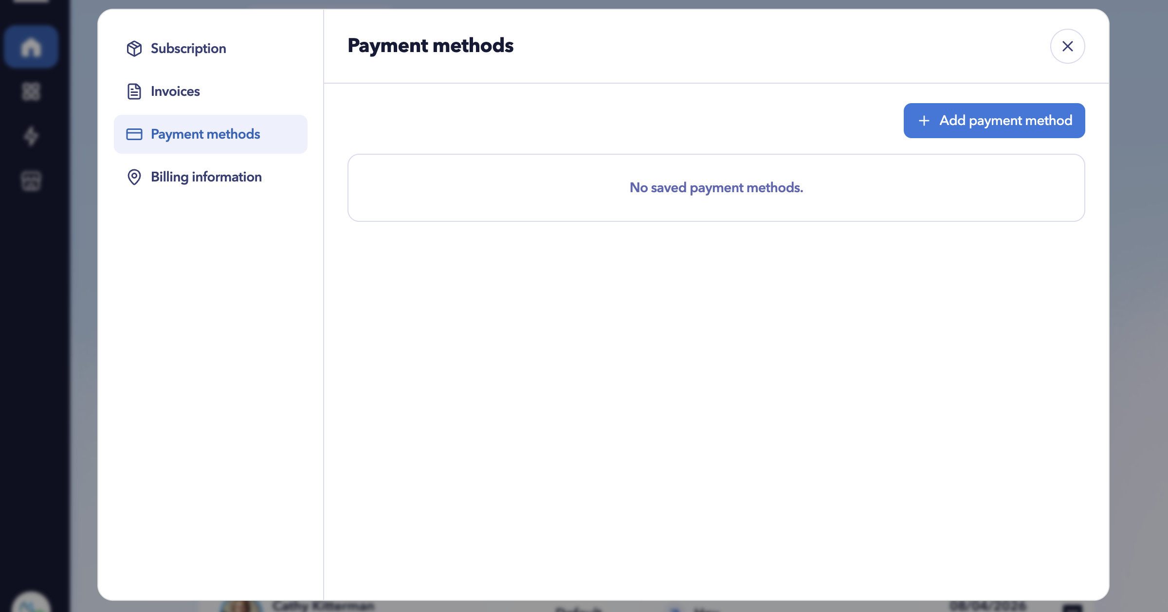 STACKED subscription settings showing the Payment methods page and Add payment method button for adding new card details.