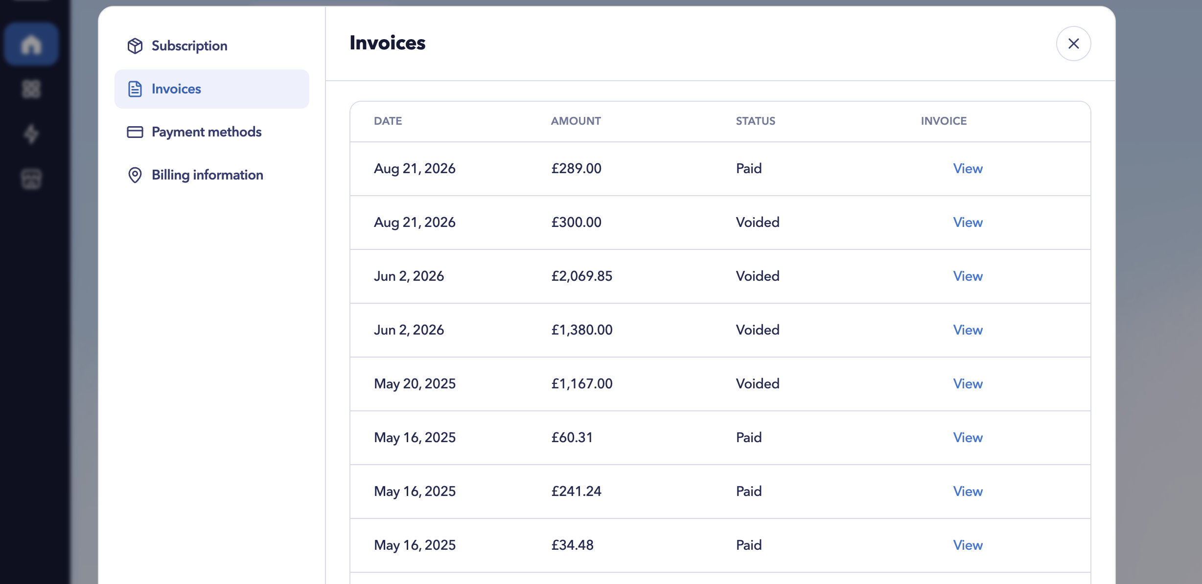 STACKED subscription settings showing the Invoices page with invoice dates, amounts, payment statuses and View links for accessing individual invoices.