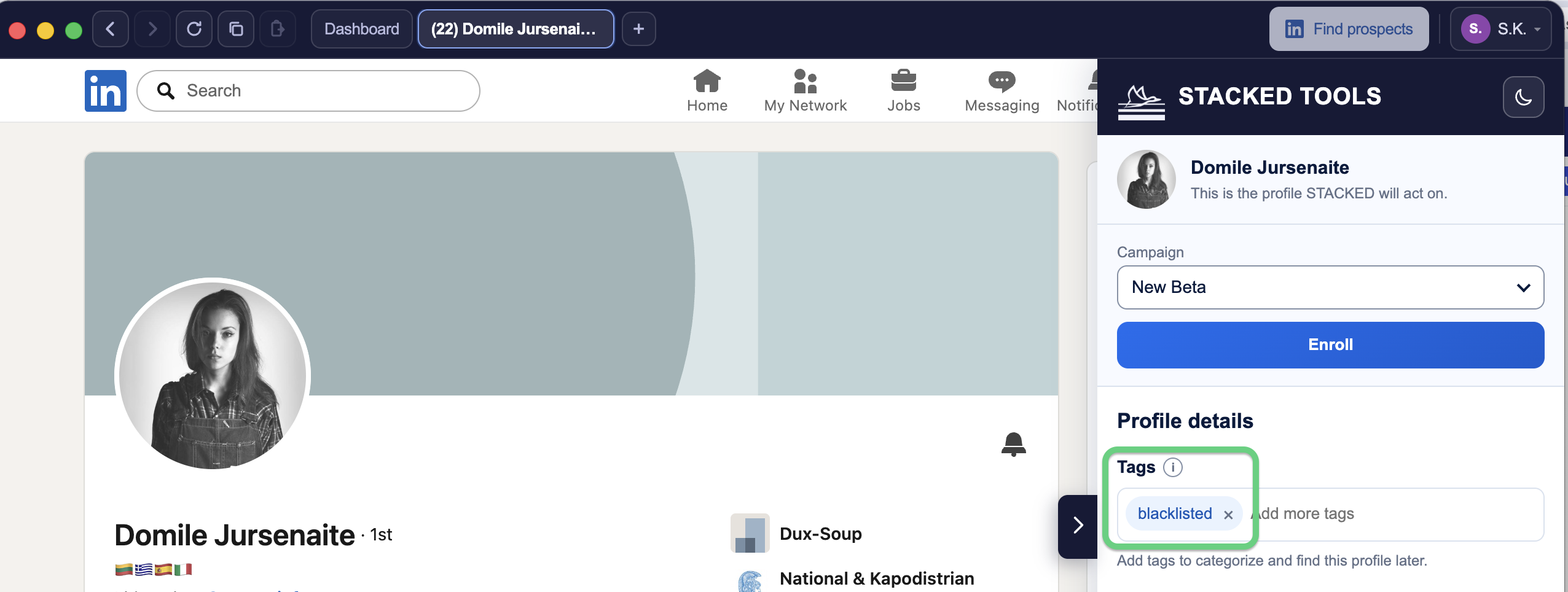 STACKED Tools panel showing the blacklisted tag applied to a LinkedIn profile to prevent automated actions on that profile.