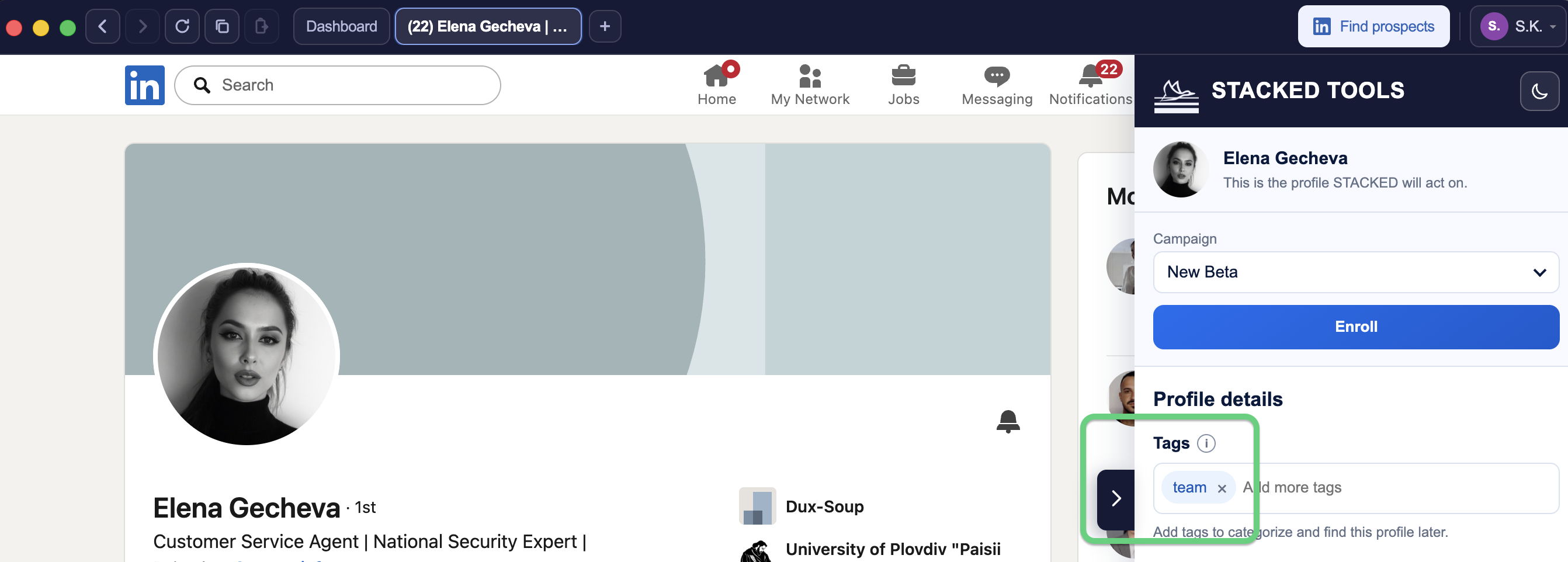 STACKED Tools panel on a LinkedIn profile showing the Tags field used to manually add and manage profile tags.