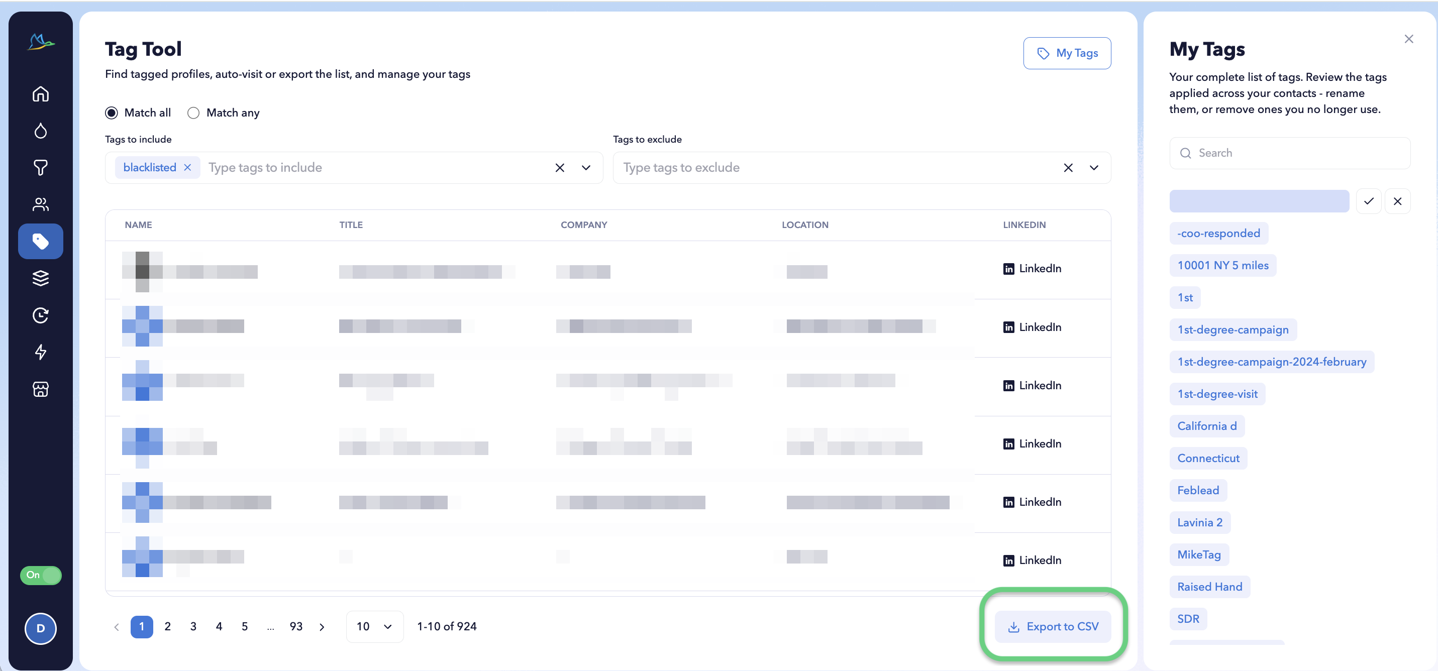 STACKED Tag Tool showing profiles filtered by the blacklisted tag, tag management options, and the Export to CSV button for downloading the filtered profile list.