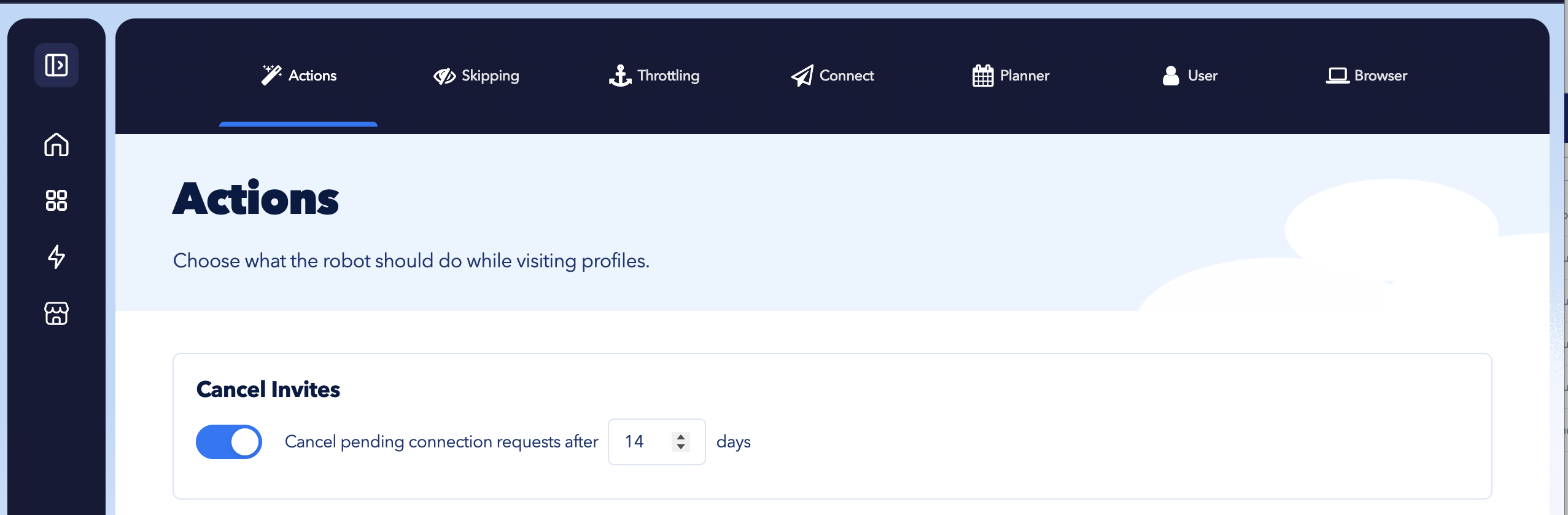 STACKED Expert Settings Actions tab showing the Cancel Invites option configured to automatically withdraw pending LinkedIn connection requests after 14 days.