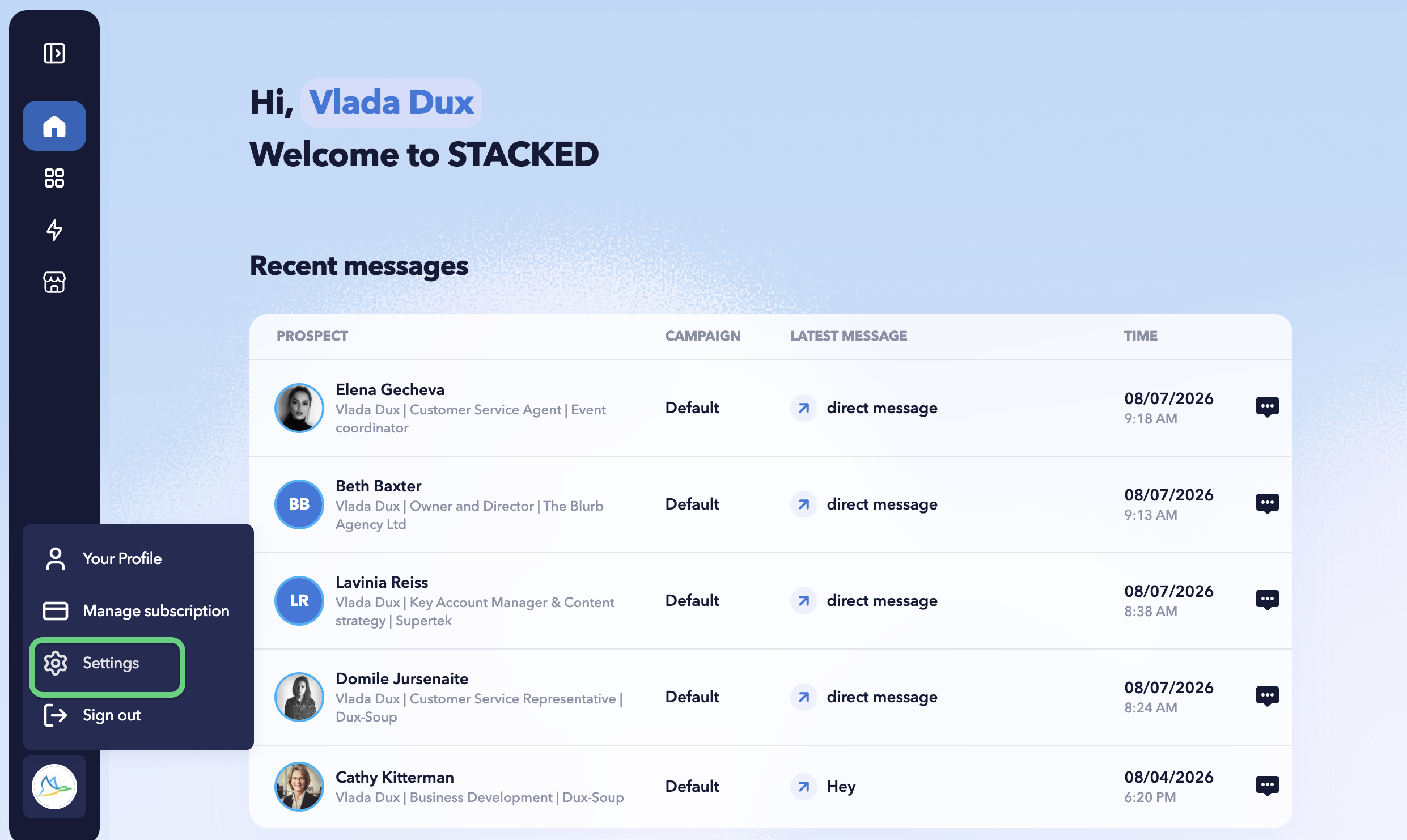 STACKED profile menu showing the Settings option used to access user and automation settings.