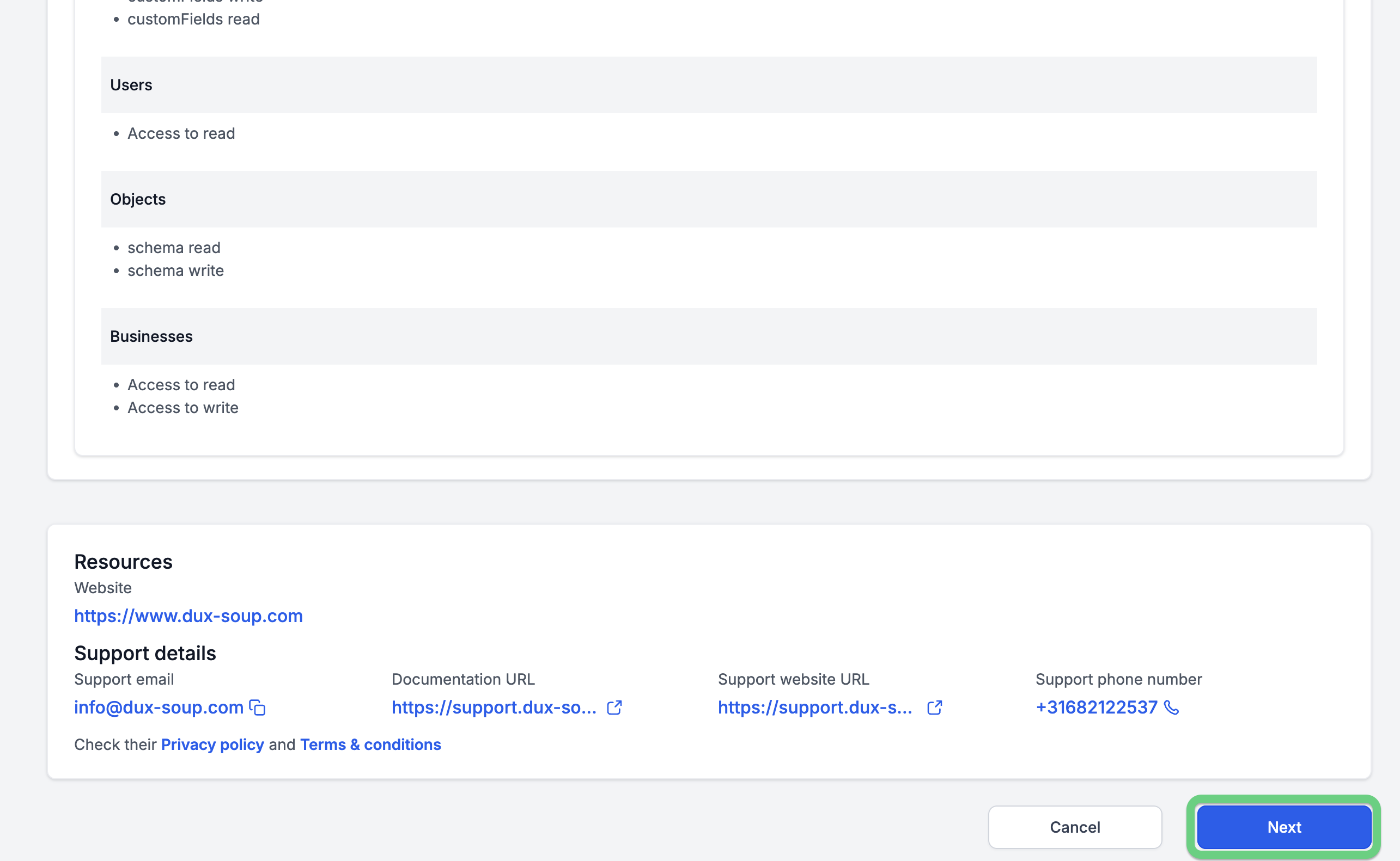 You will be prompted to log in to your HighLevel account. After logging in, you will be redirected to the Install Confirmation page. Here, you’ll see the permissions requested by the app - click Next at the bottom to continue.