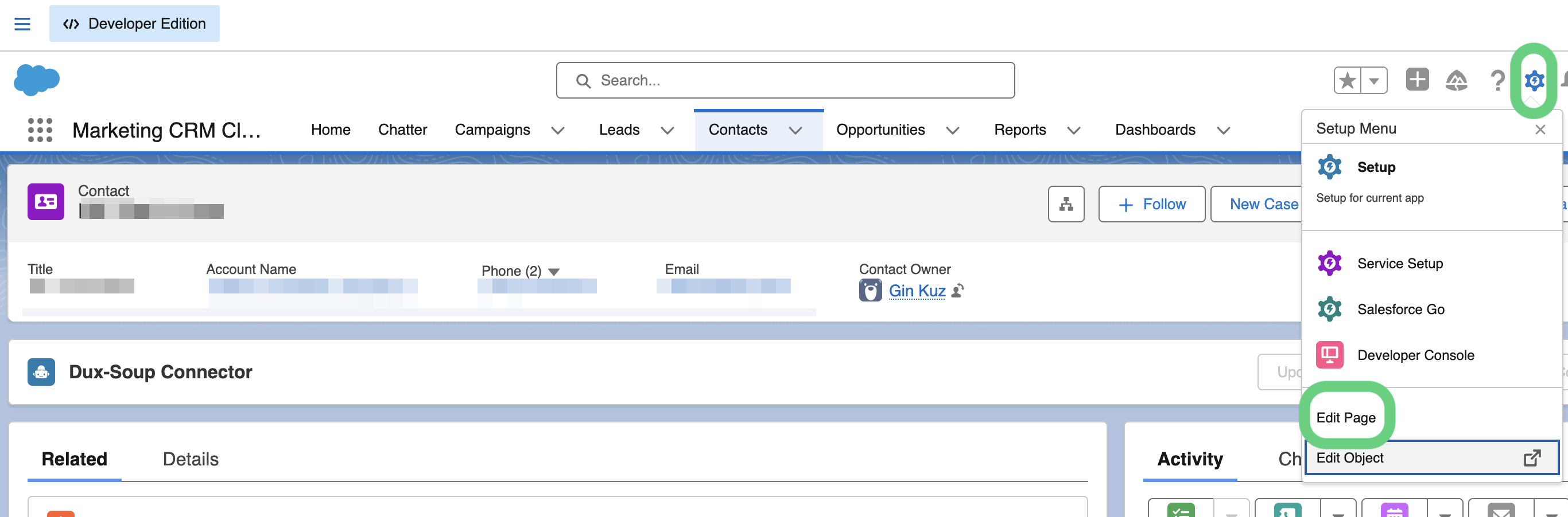 Once installed, you can go to your Salesforce Contacts page and open any contact. Then, click on the Setup Menu gear icon and click the 'Edit Page' button