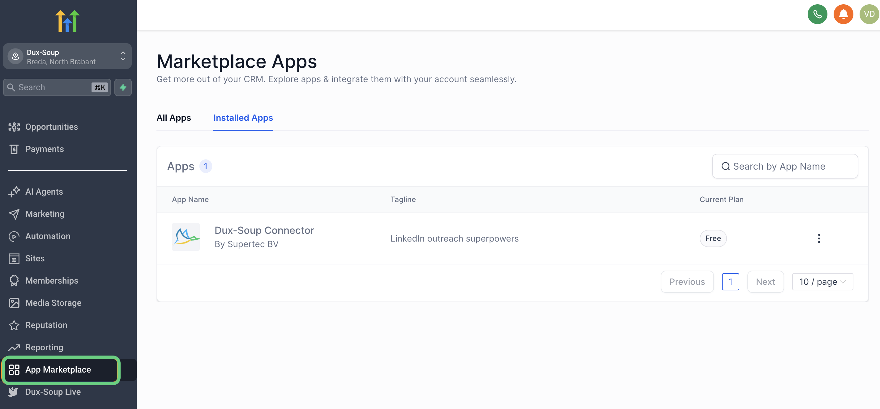 App marketplace showing Dux-Soup Connector